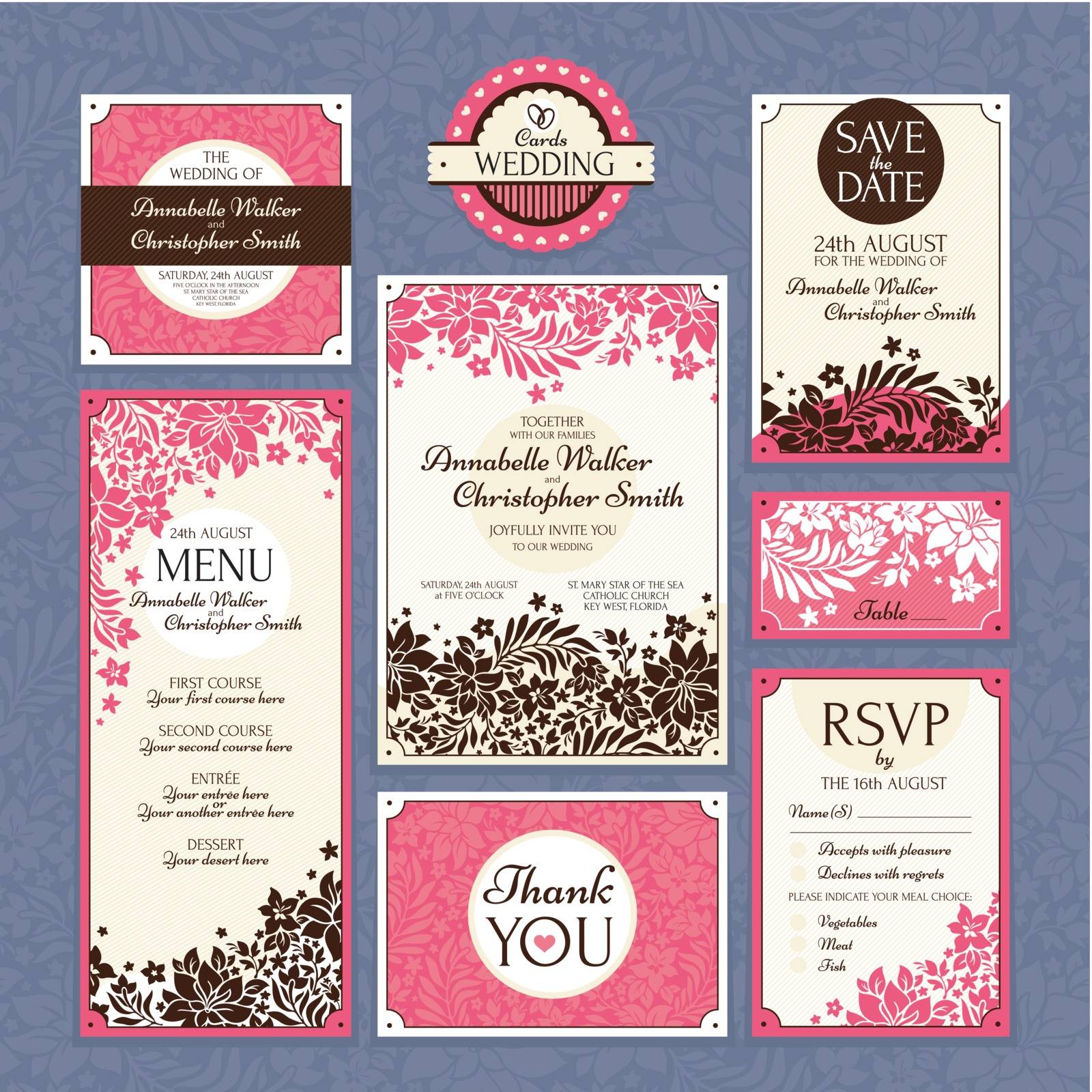 set of floral wedding cards vector illustration