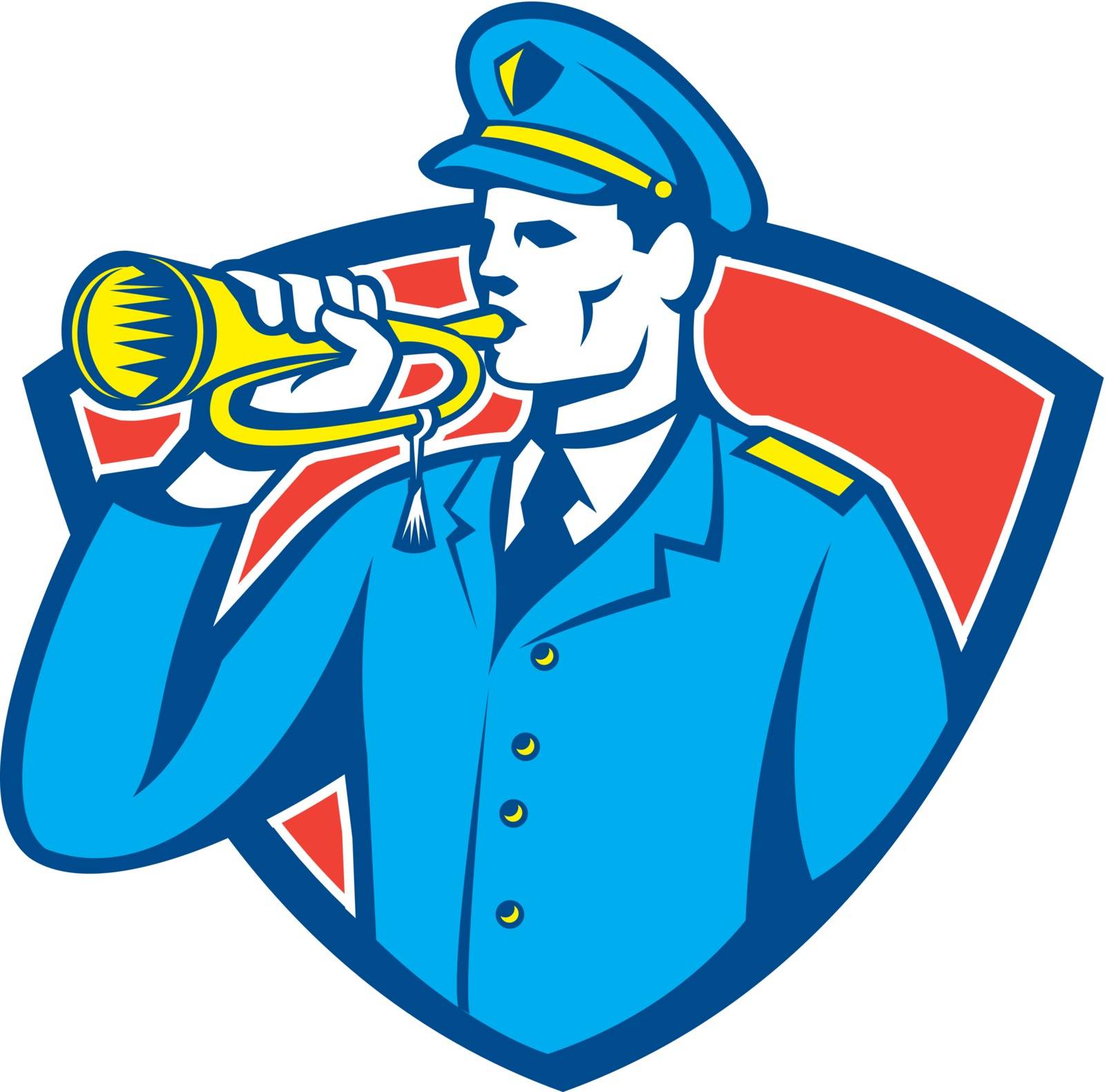 Illustration of a soldier military police personnel  blowing a bugle set inside crest shield done in retro style.