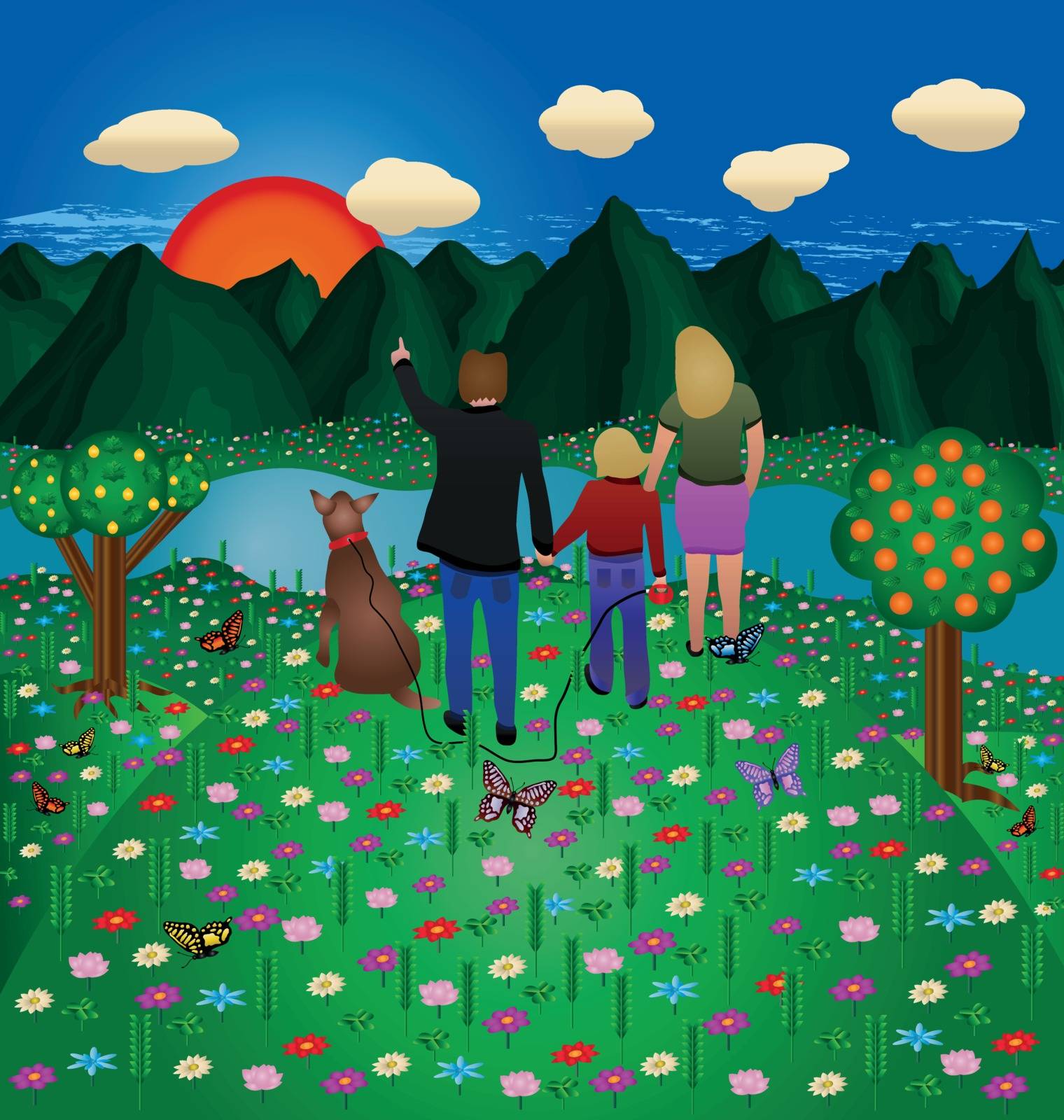 drawing of a family in the woods