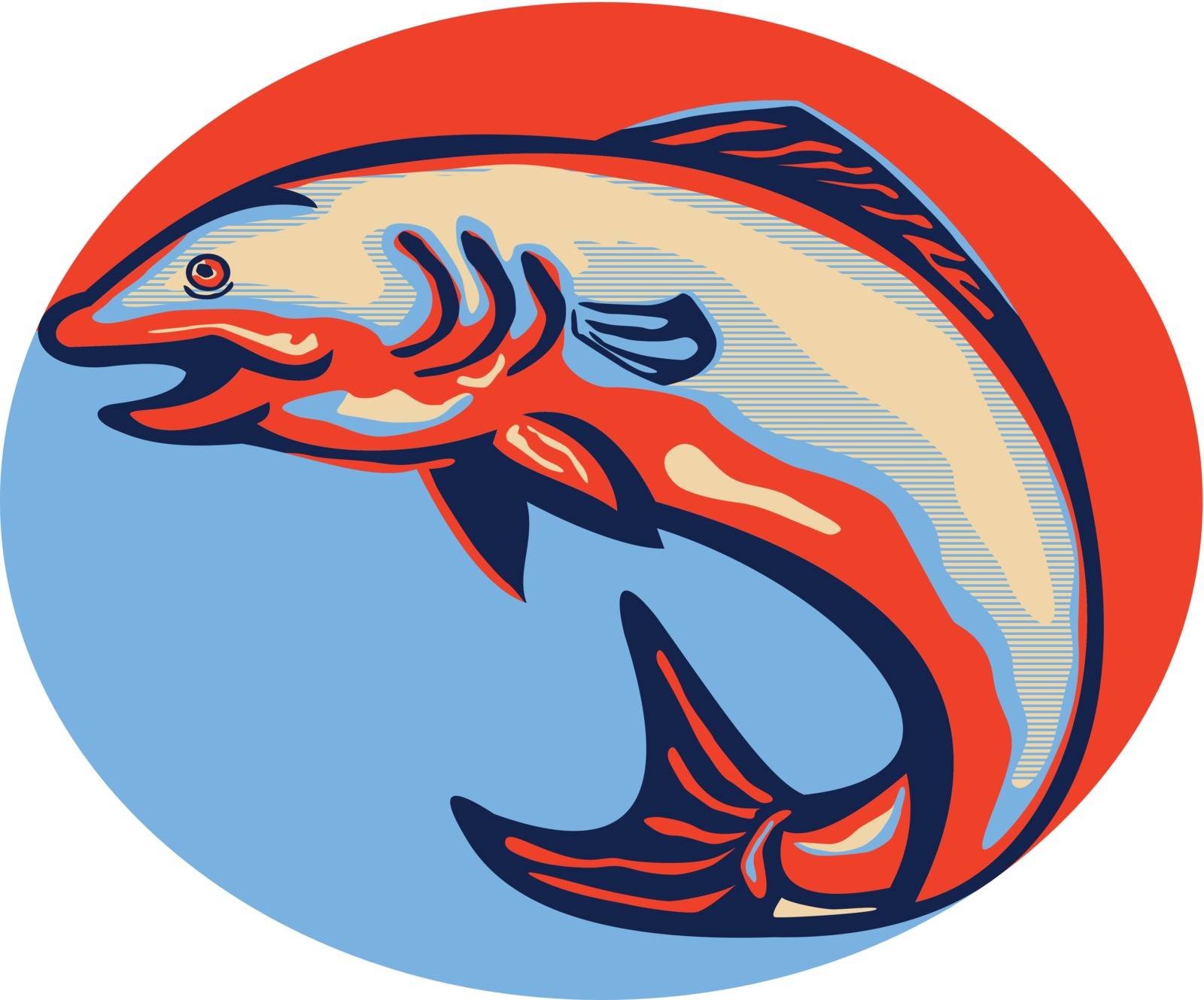 Illustration of an Atlantic salmon fish jumping done in retro style
