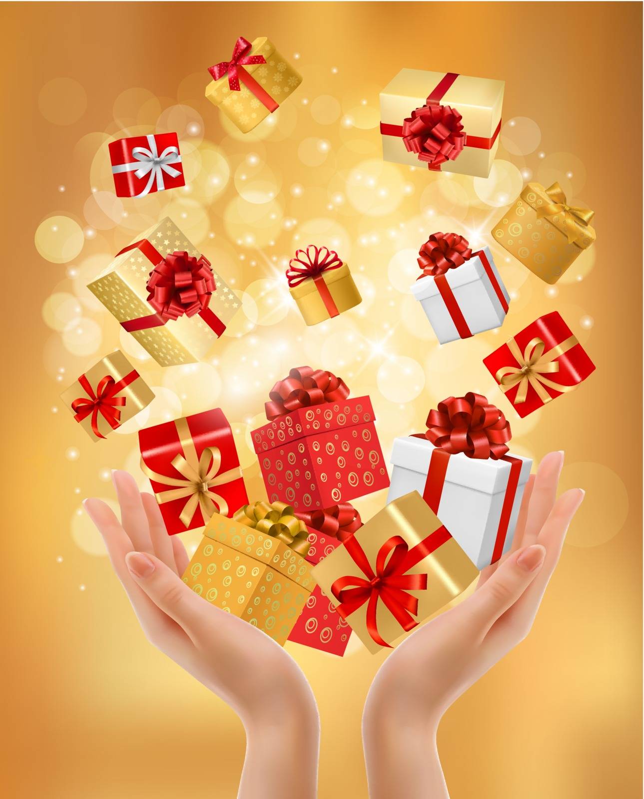 Holiday background with hands holding gift boxes. Concept of giving presents. Vector illustration. 