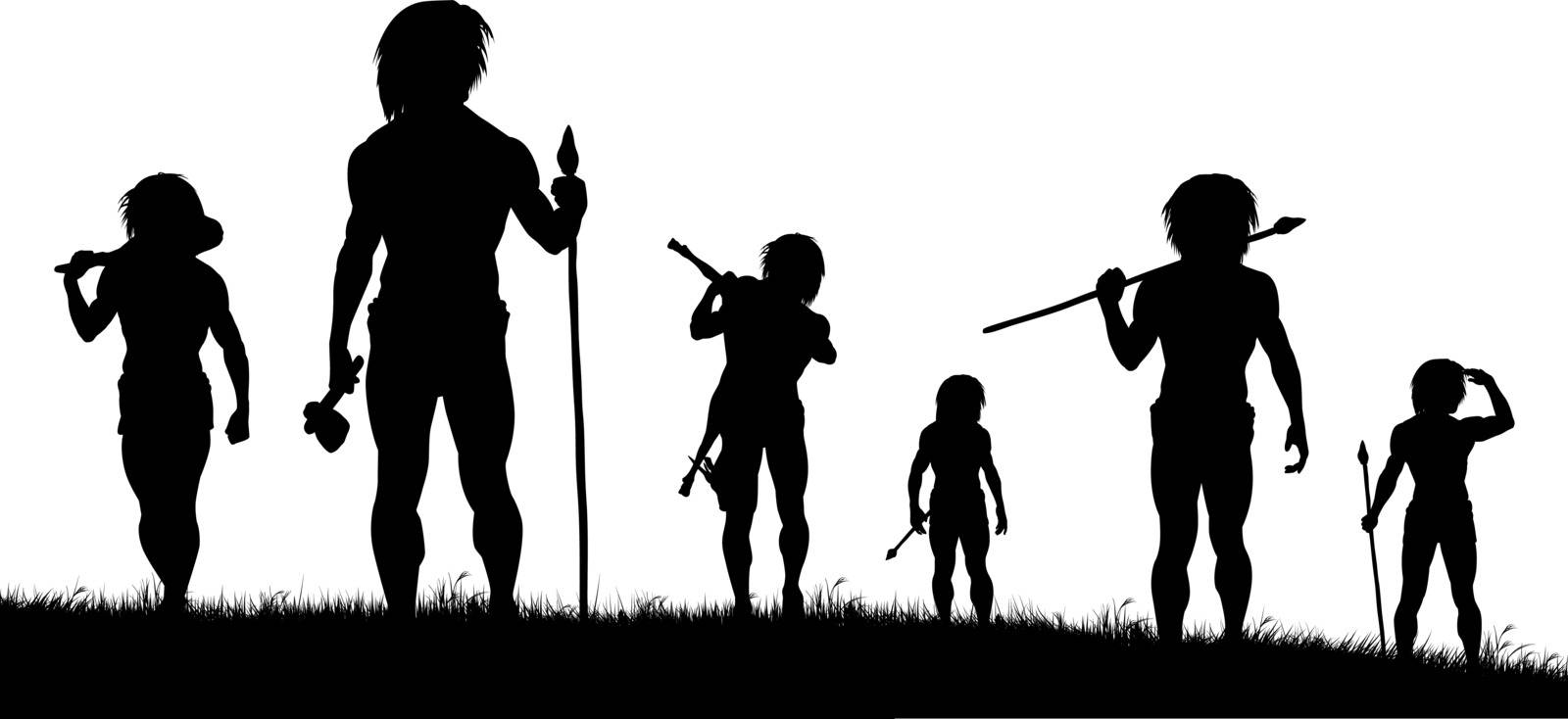 Editable vector silhouettes of cavemen hunters with each figure as a separate object