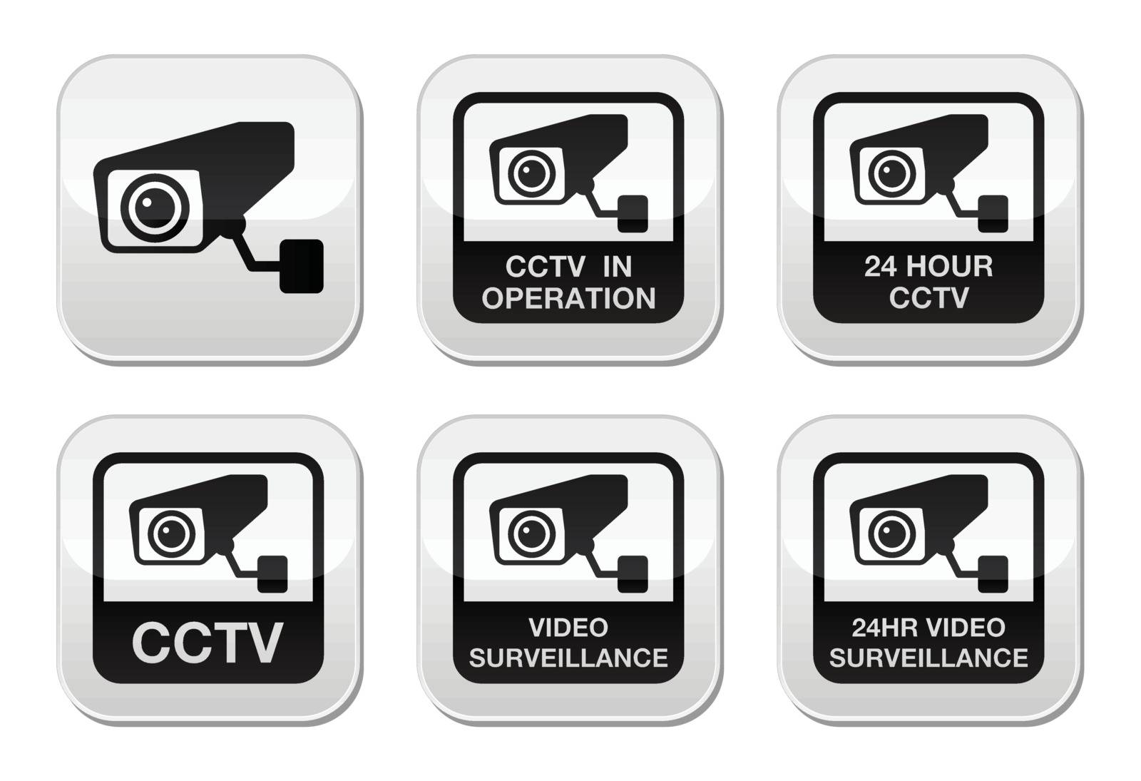 CCTV camera warning sign and stickers isolated on white