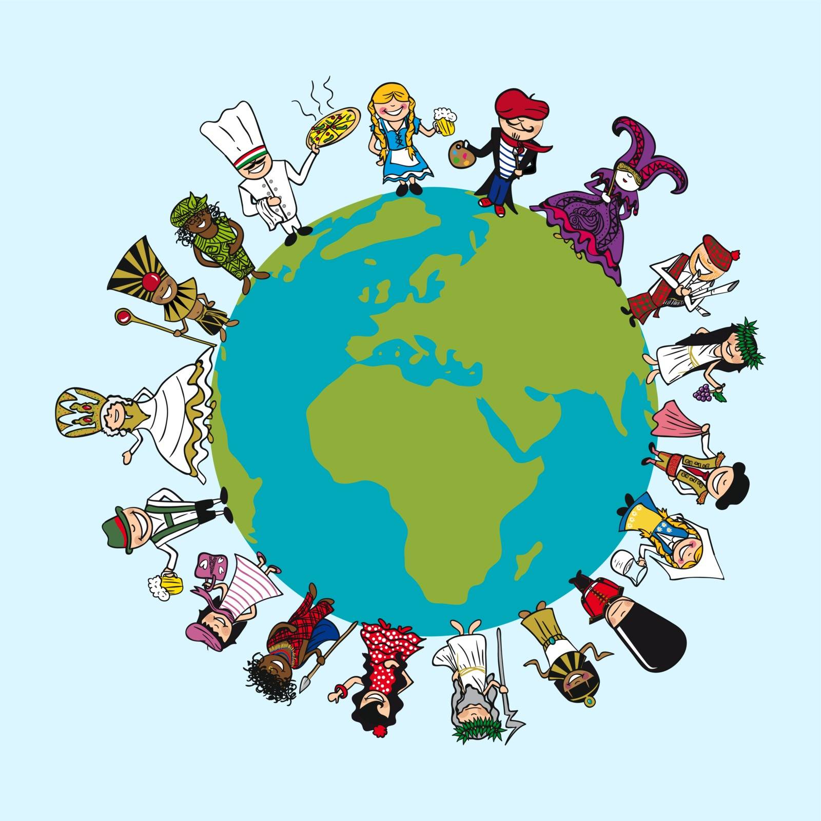 World map, diversity people cartoons with distinctive outfit concept illustration. Vector file layered for easy editing.
