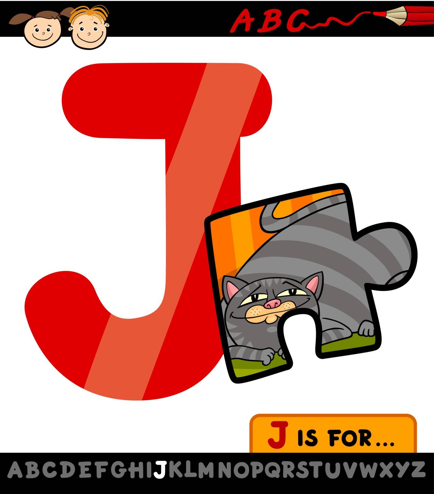 Cartoon Illustration of Capital Letter J from Alphabet with Jigsaw for Children Education