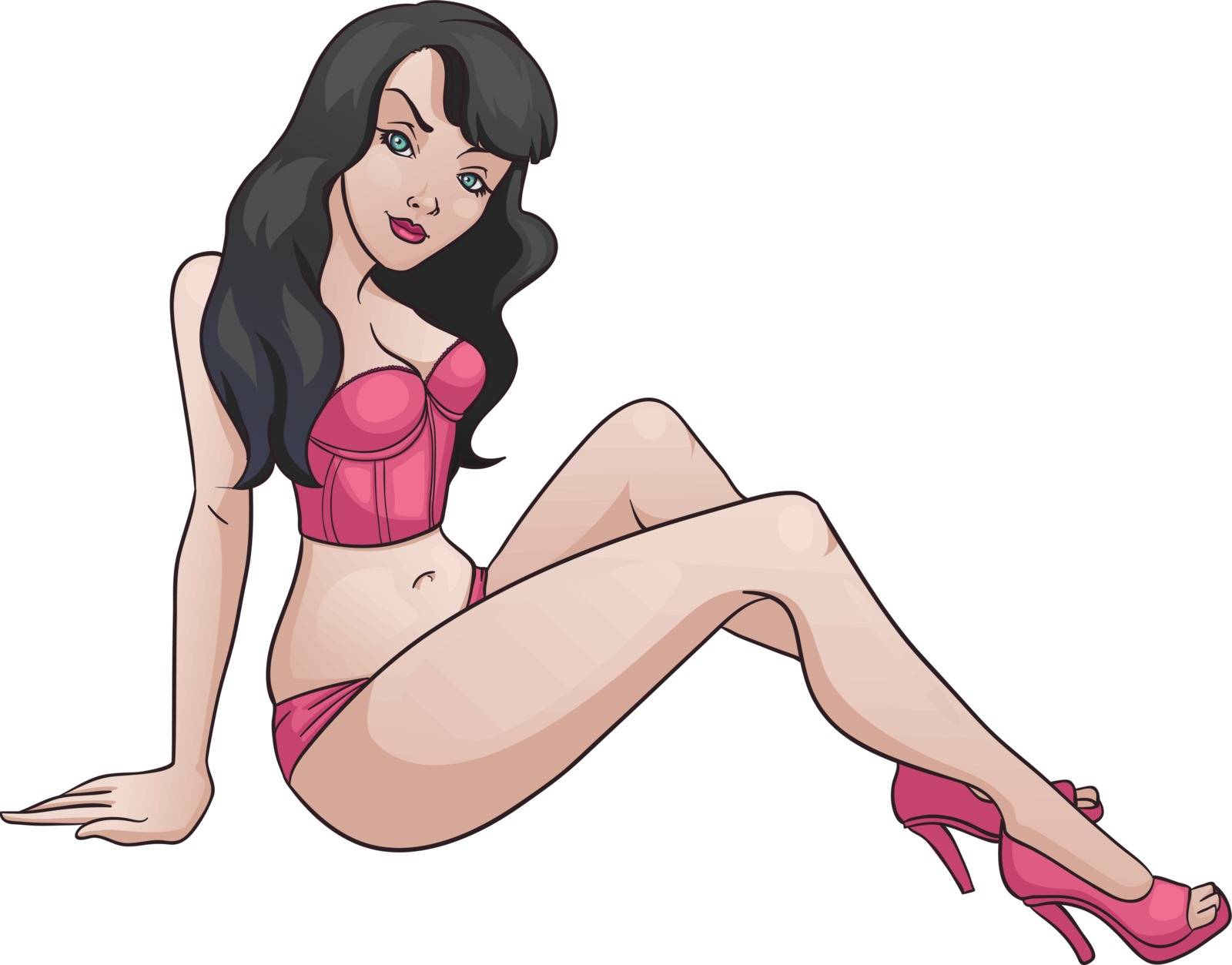 Vector illustration of a sexy cartoon woman, wearing a corselet and high heels.