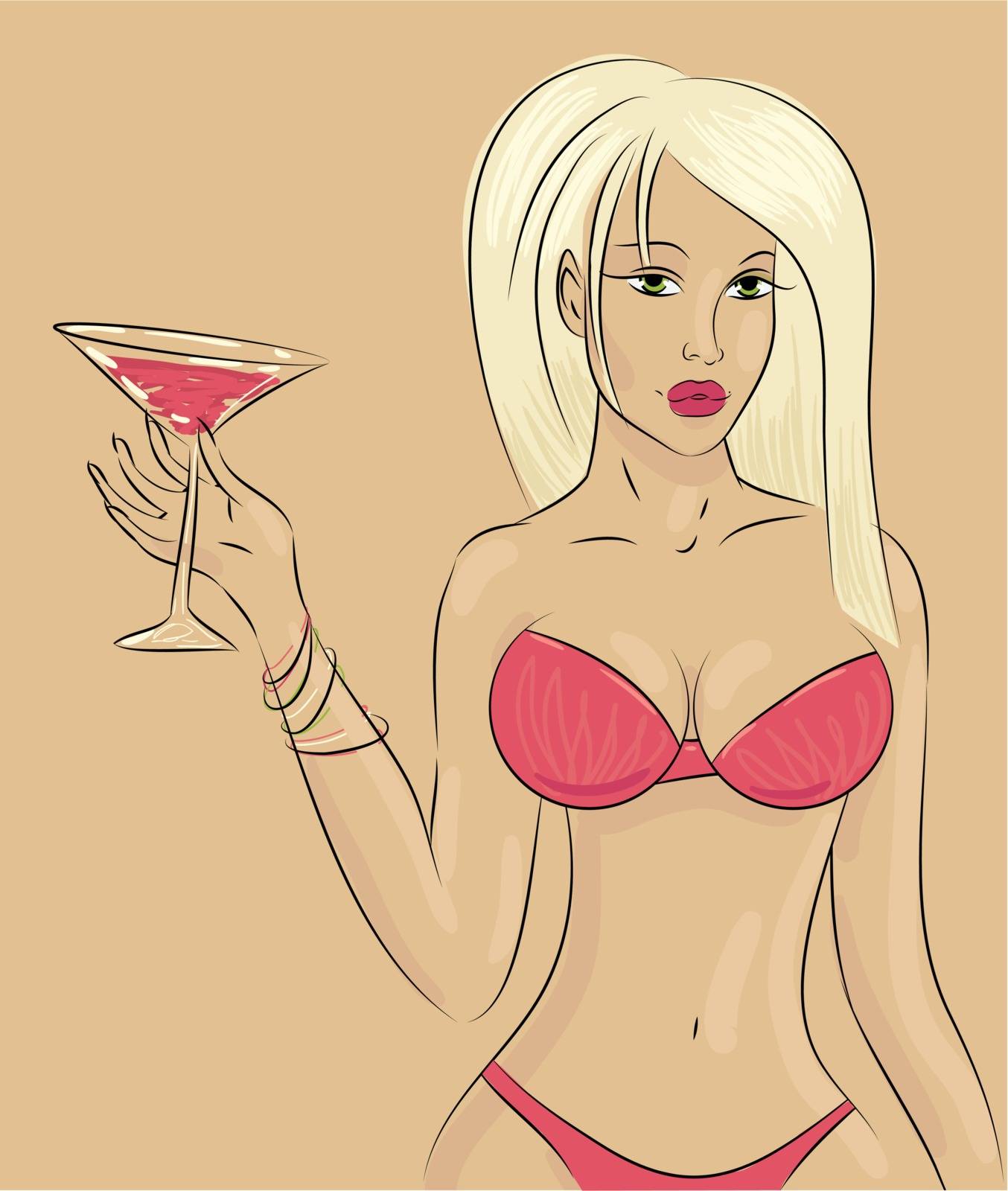 beautiful women wearing bikini with coctail, vector illustration