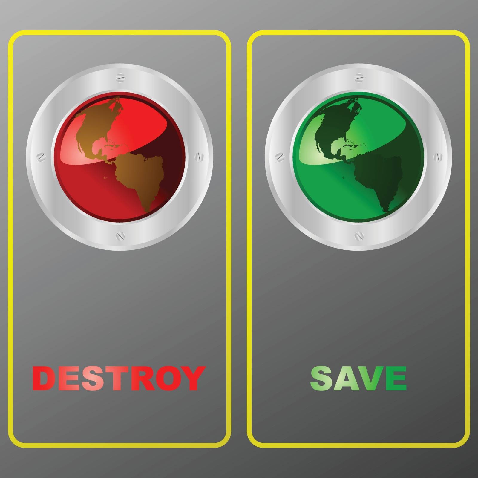 Illustration of a panel with two buttons: one for destroying and one for saving the planet