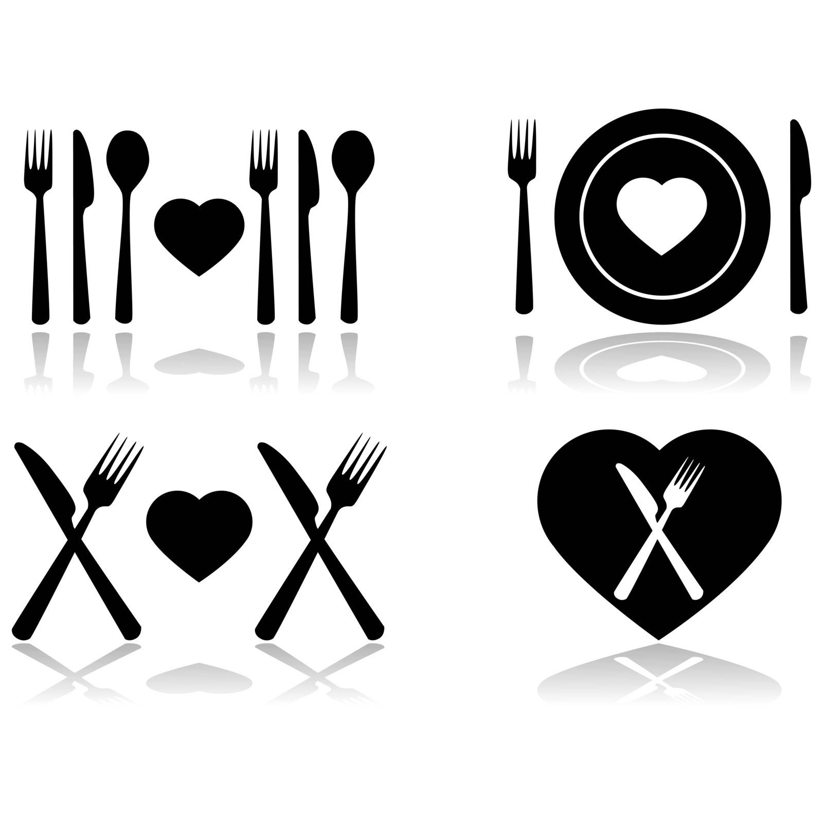 Illustration set showing four different icons symbolizing a dinner date