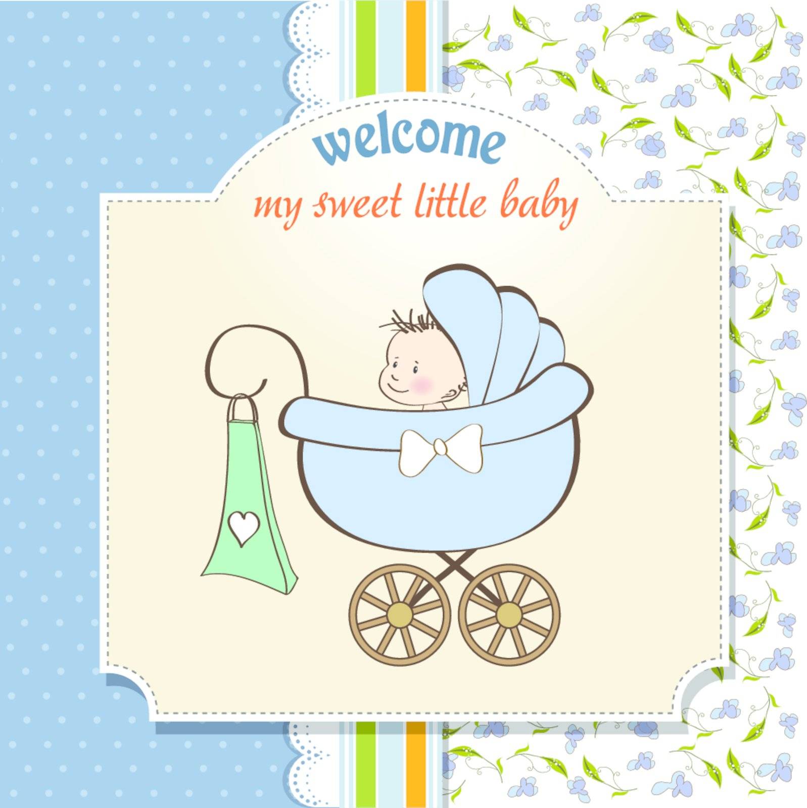 baby boy announcement card with baby and pram by balasoiu