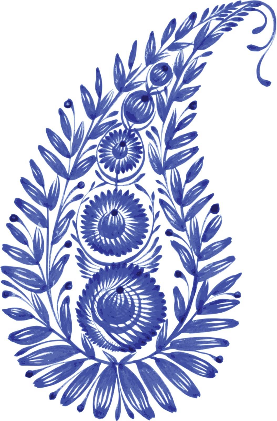blue, flower composition, hand drawn, illustration in Ukrainian folk style
