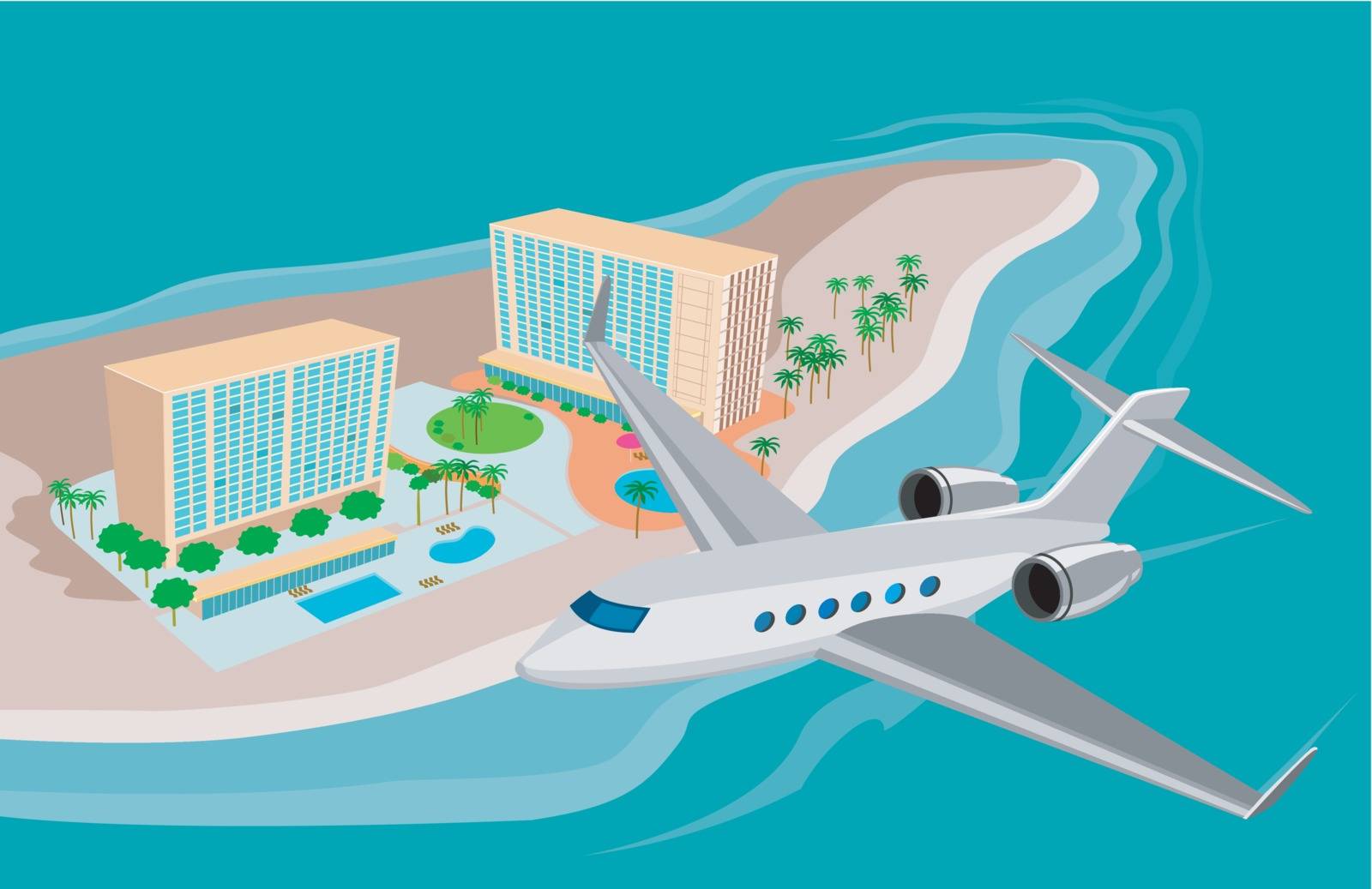 Illustration of an airplane flying over an island beach resort done in retro style. 