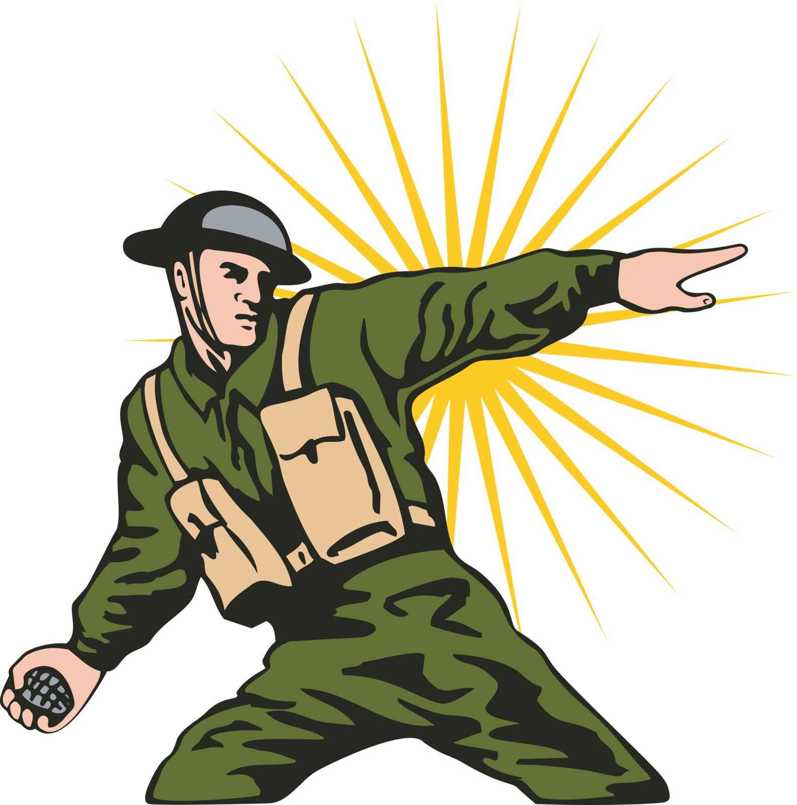 Illustration of soldier throwing hand grenade with sunburst in the background set on white background done in retro style. 