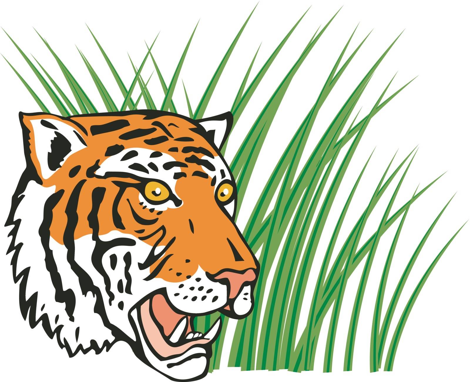 Illustration of a tiger head with long grass in the background done in retro style. 