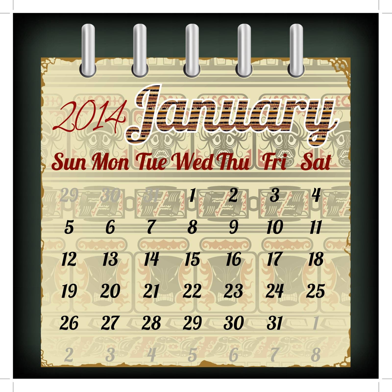 Calendar for January 2014 with an African 
background
