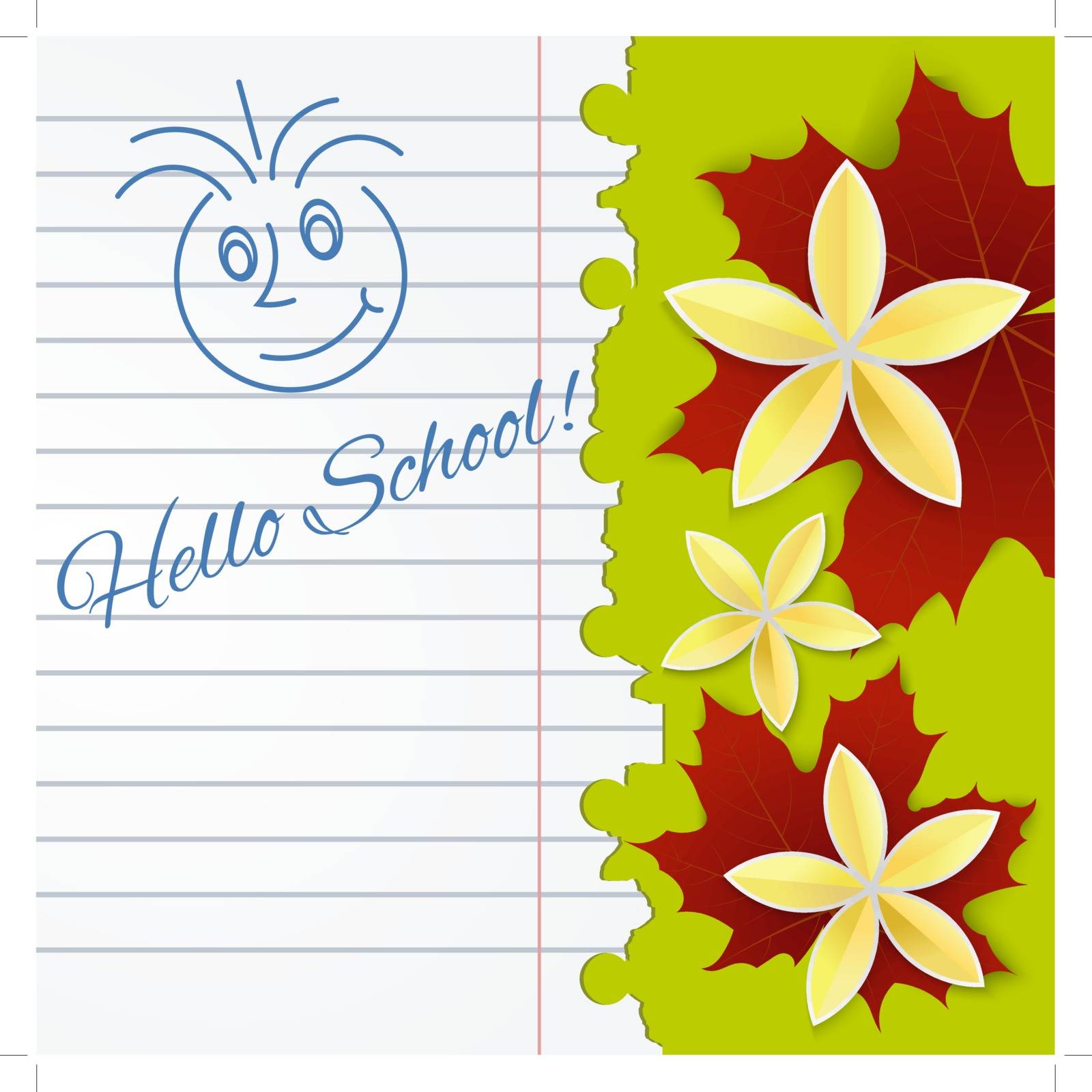 Sheet of school notebook with flowers and 
leaves of maple