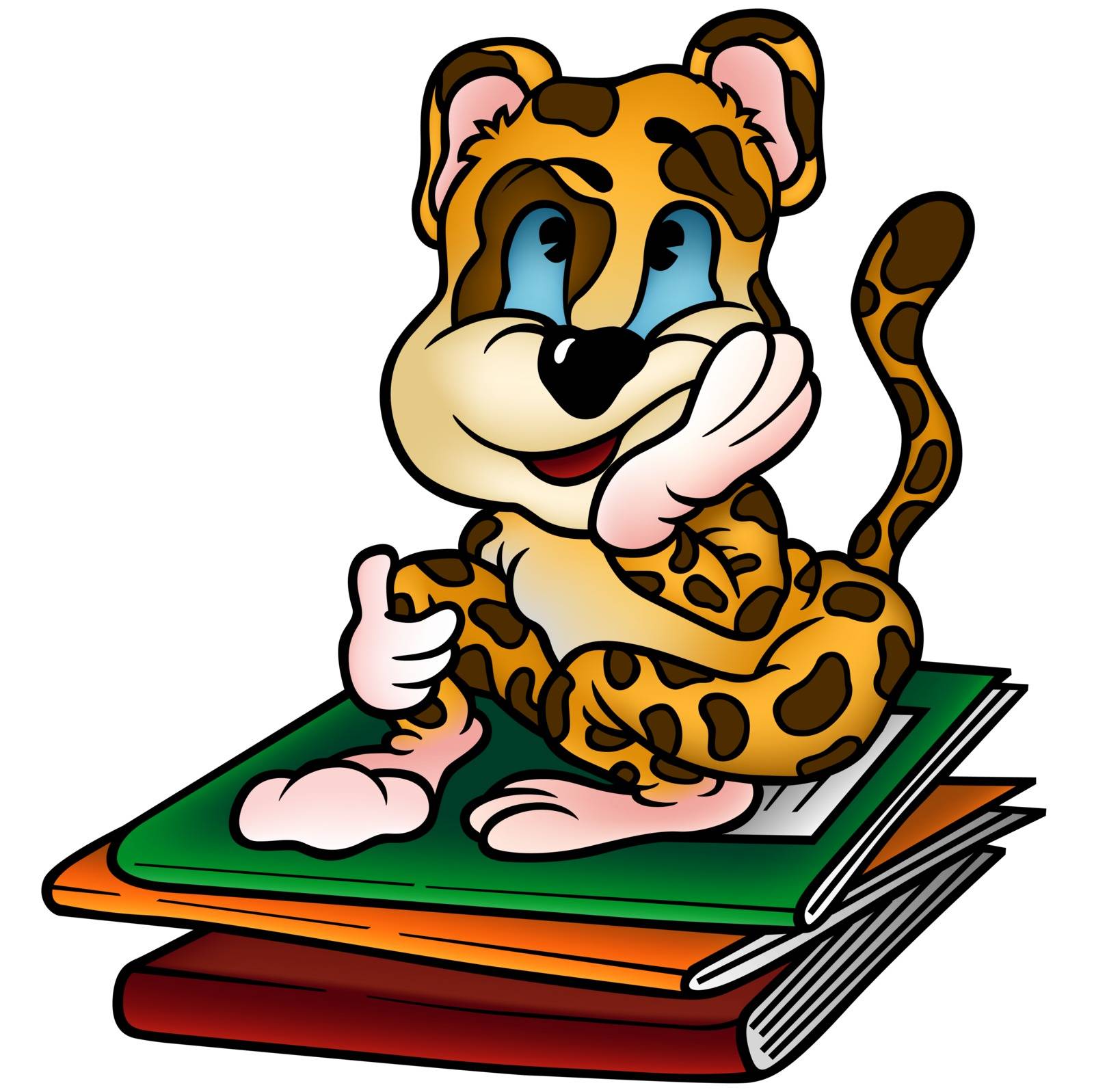Leopard And Workbooks - Colored Cartoon Illustration, Vector