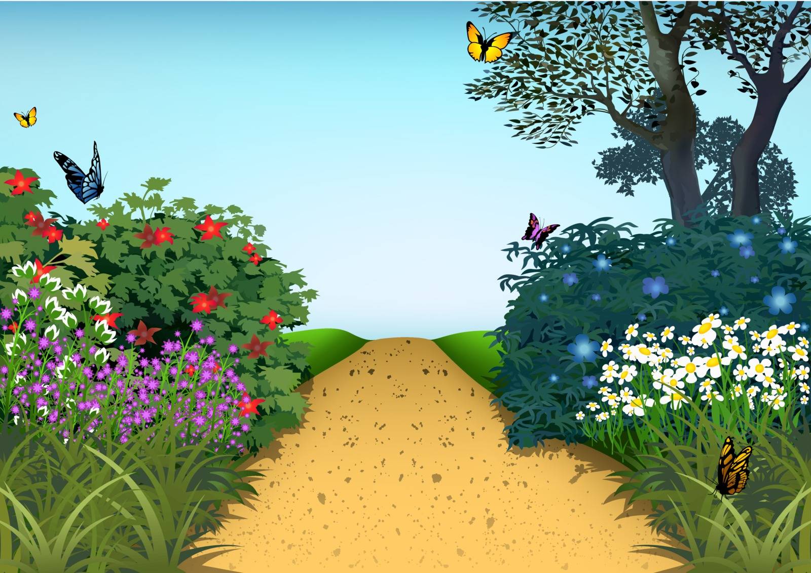 Summer Garden - Cartoon Background Illustration, Vector
