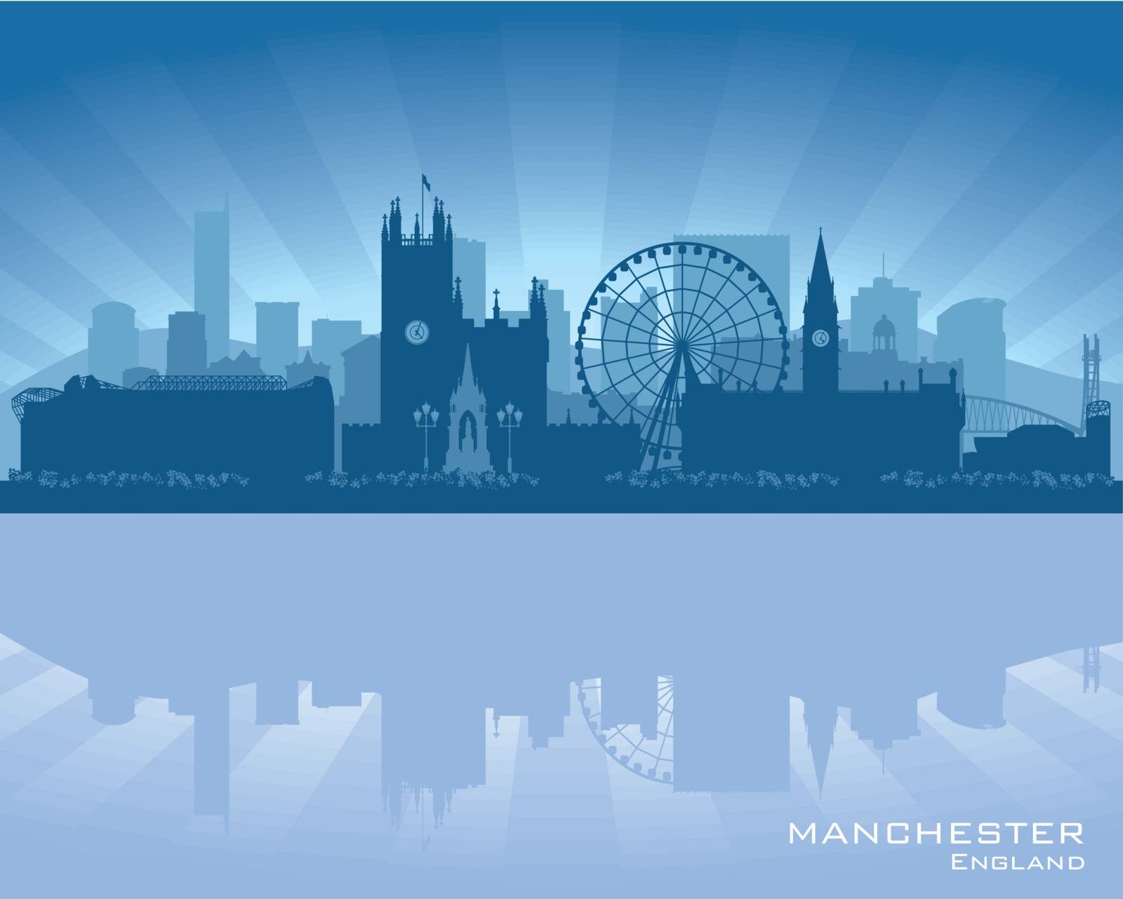 Manchester, England skyline with reflection in water by yurkaimmortal