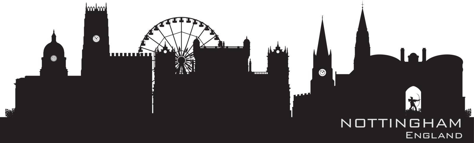 Nottingham, England skyline. Detailed silhouette. Vector illustration