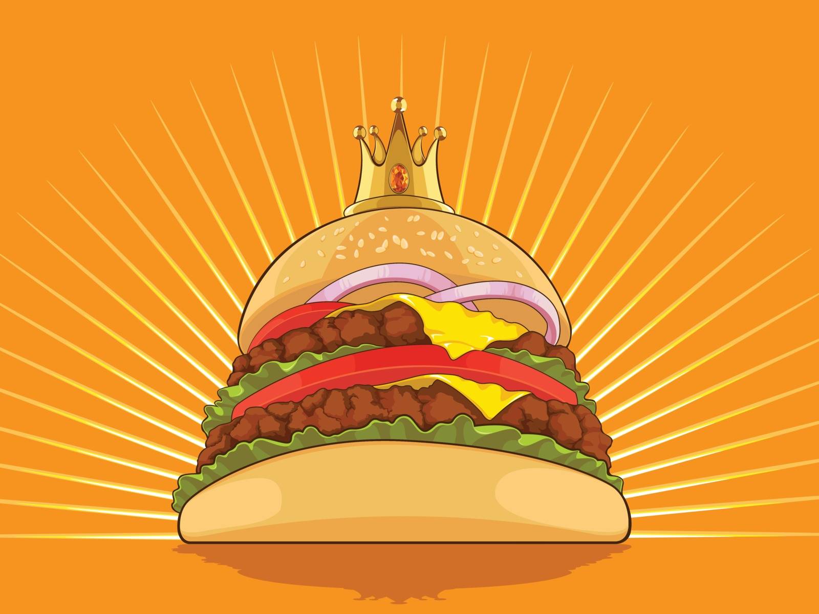 A vector image of a big burger wearing a king's golden crown. Good for food-related application, such as menu and brochure. Available as a Vector in EPS8 format that can be scaled to any size without loss of quality. Elements can be edited individually.