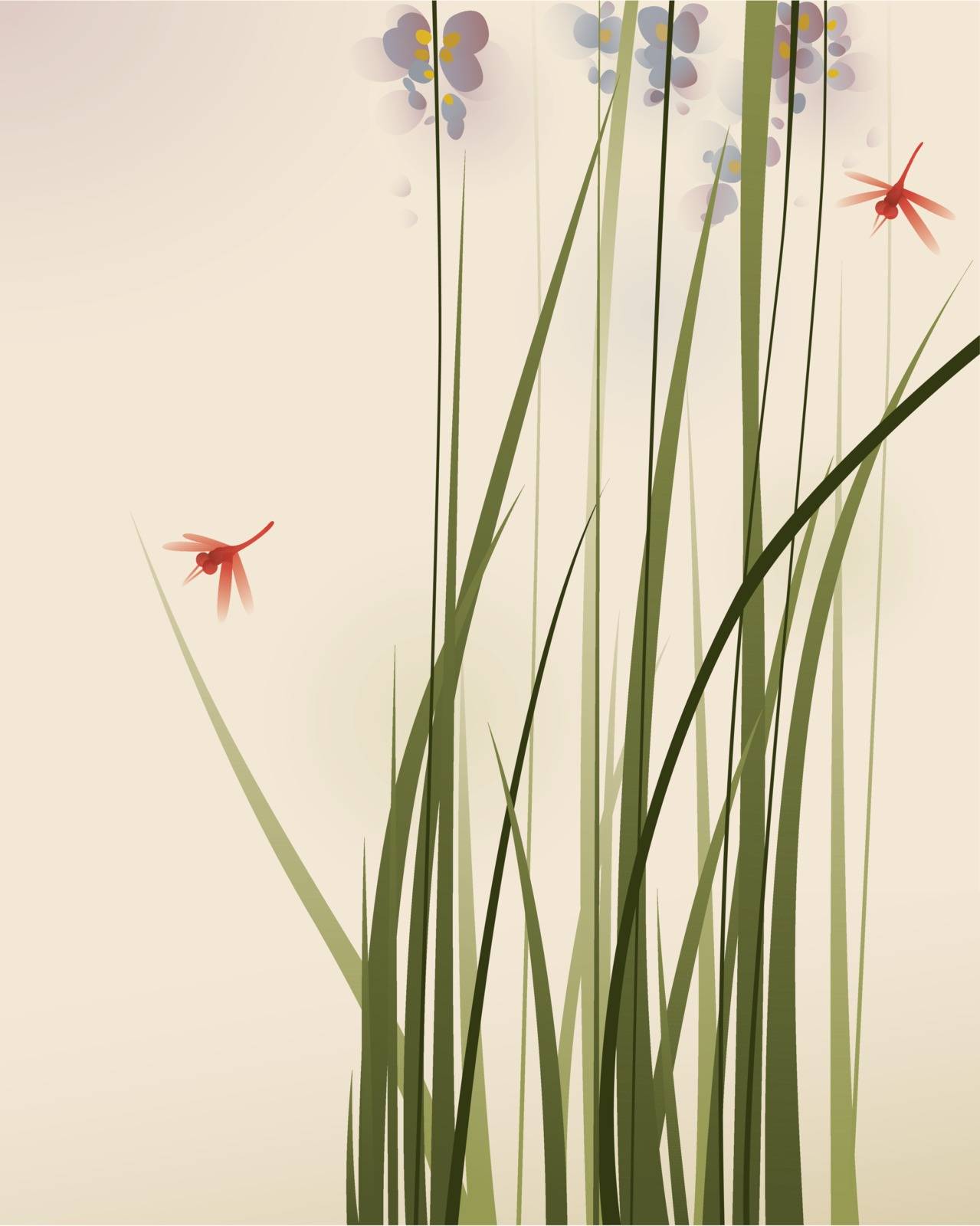 Flowers and dragonflies.  Vectorized brush painting.