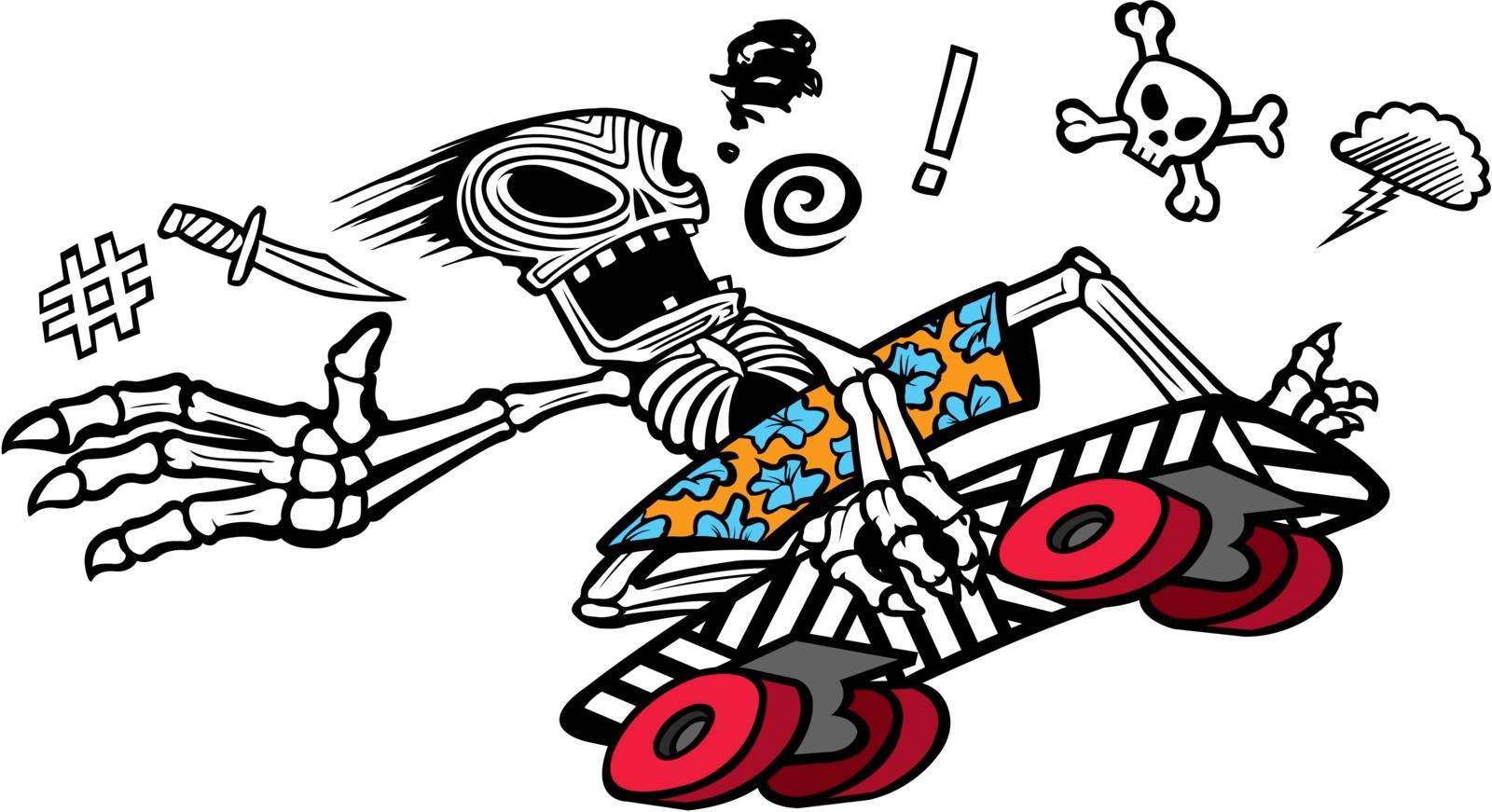 A cartoon skeleton skate boarder tearing it up. Vector file.