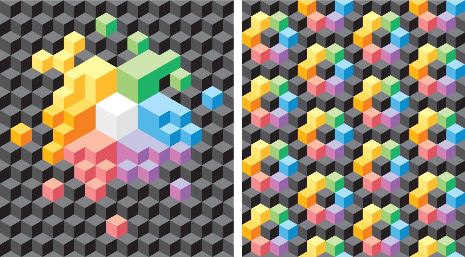 Two backgrounds with pseudo-3d black and multicolored cubes. Seamless vector pattern.