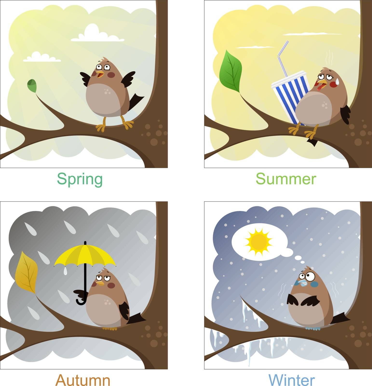 Funny sparrow in every season of the year