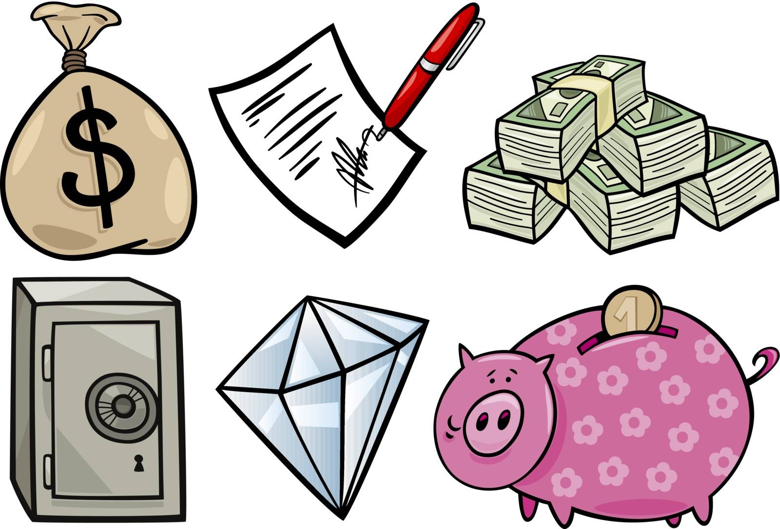 Cartoon Illustration of Business Valuable Objects or Wealth Concepts Objects Clip Art Set