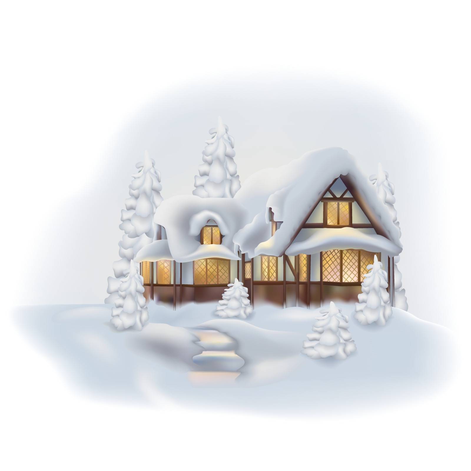 Snowy Cottage - Colored Winter Illustration, Vector