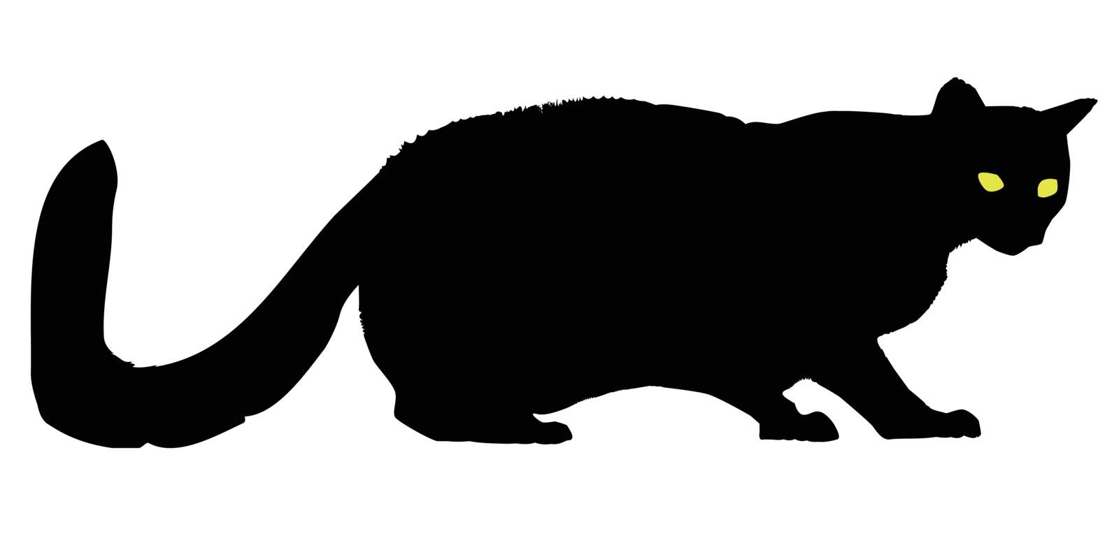The silhouette of a cat with yellow eyes isolayed over a white background.