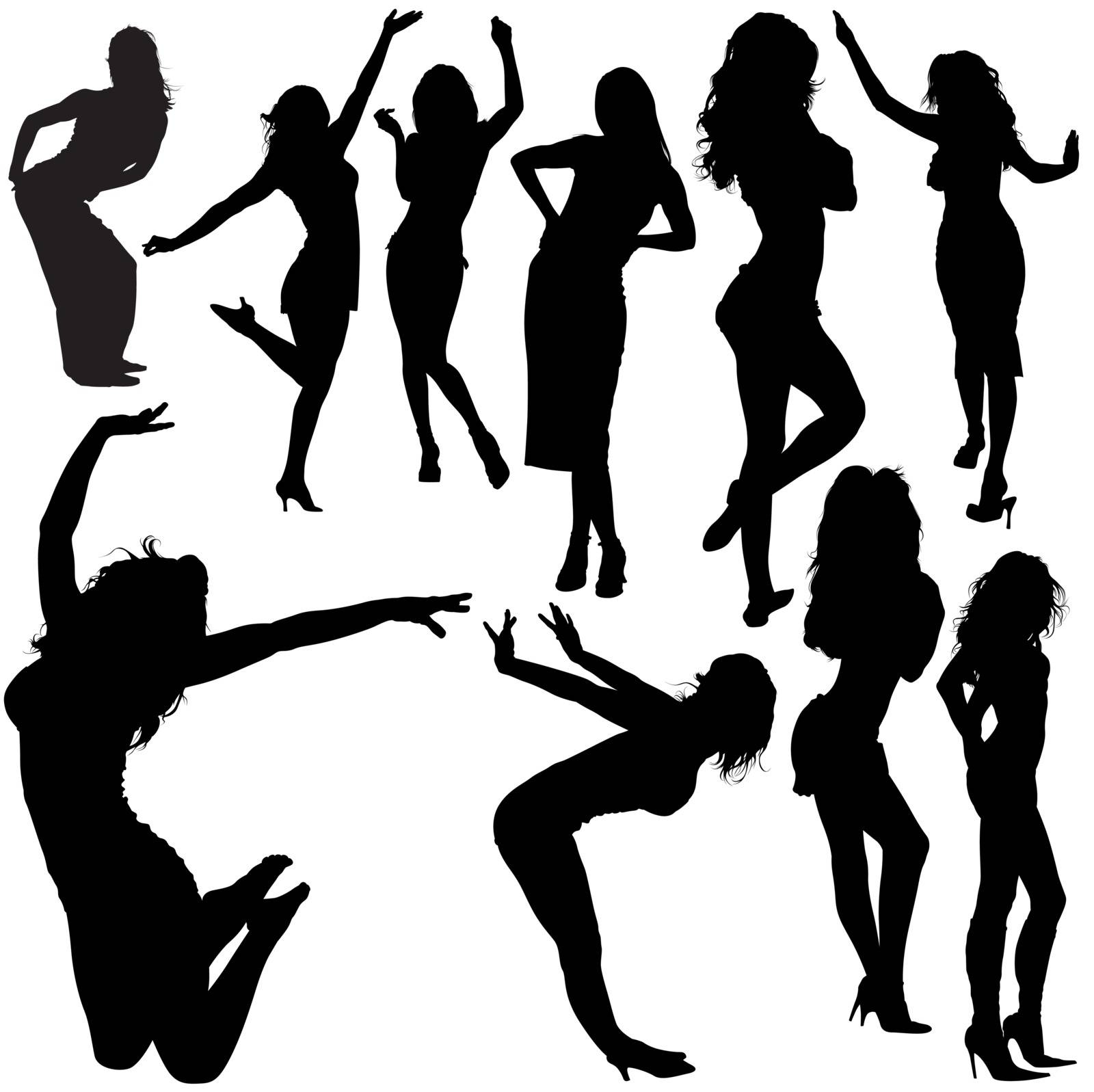 Dancing Girls - Black Silhouettes And Dance Poses, Vector