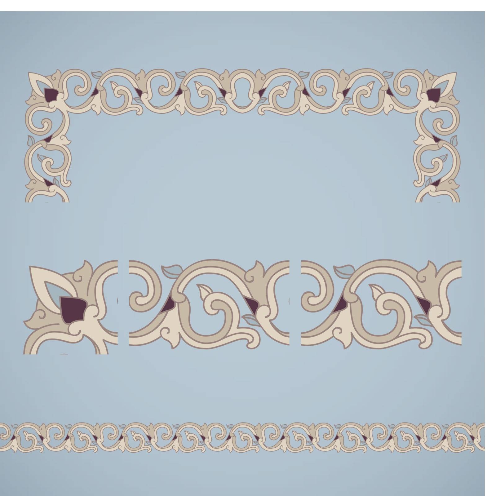 Seamless tiling border and frame with corner. Inspired by old ottoman ornaments