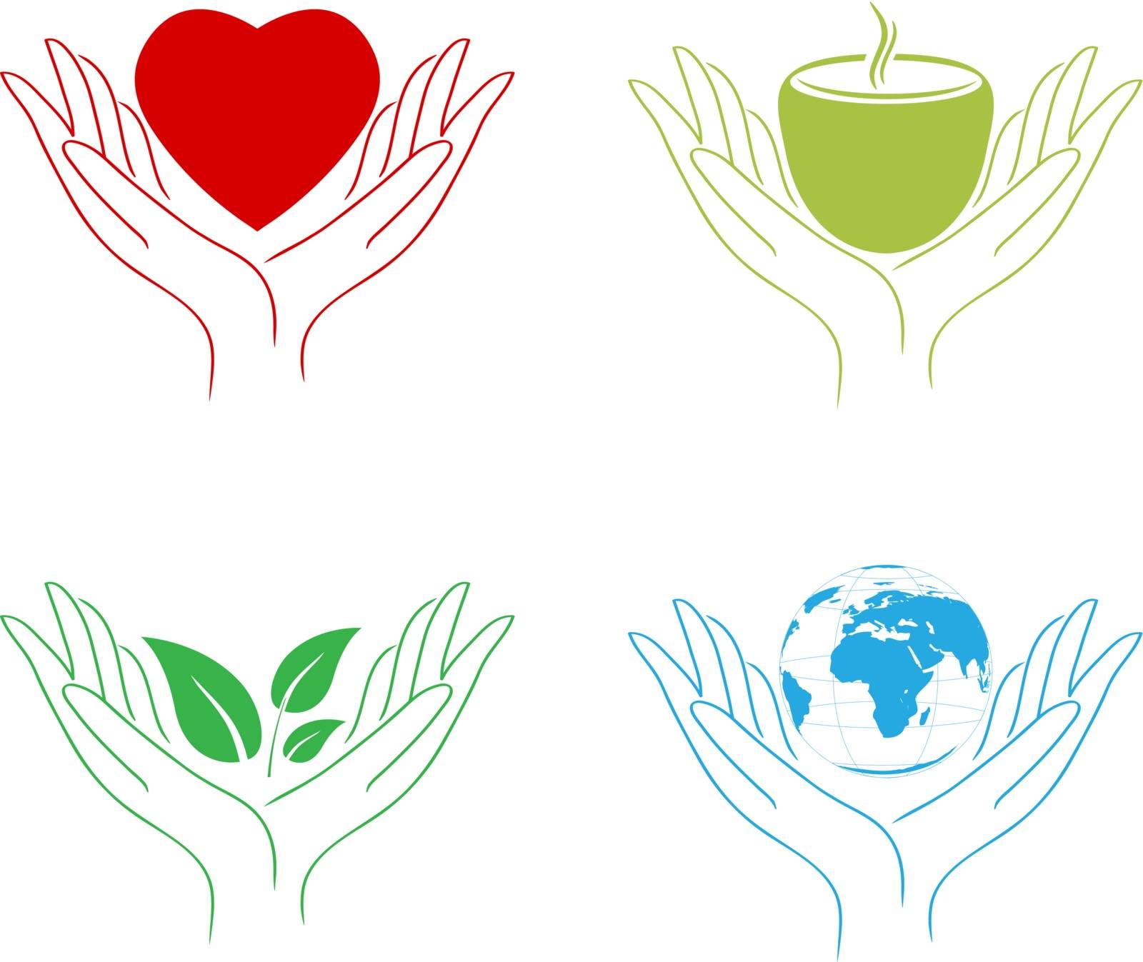 Set of Abstract Care Hands: World, Food, Eco, Love