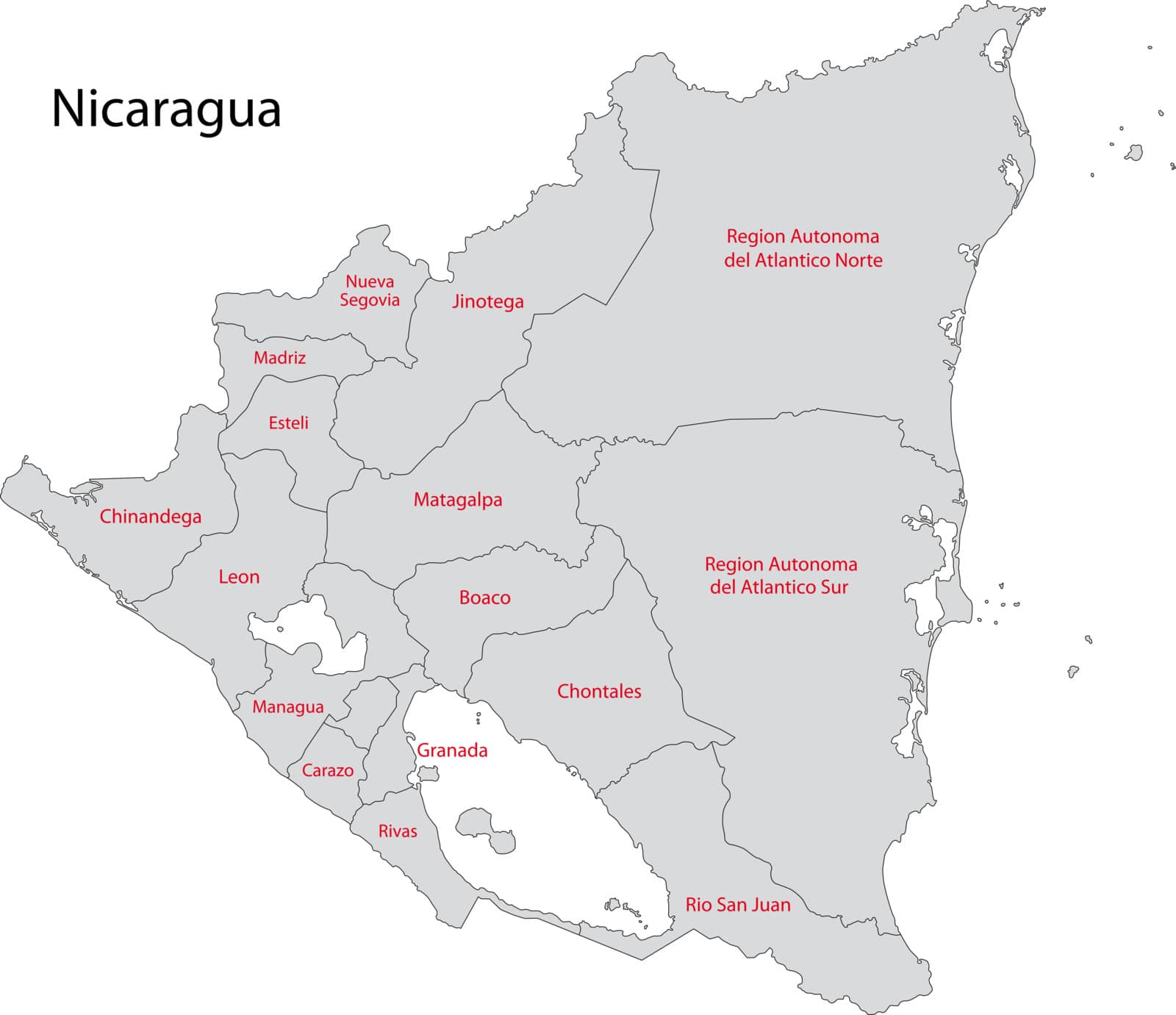 Nicaragua map with department borders