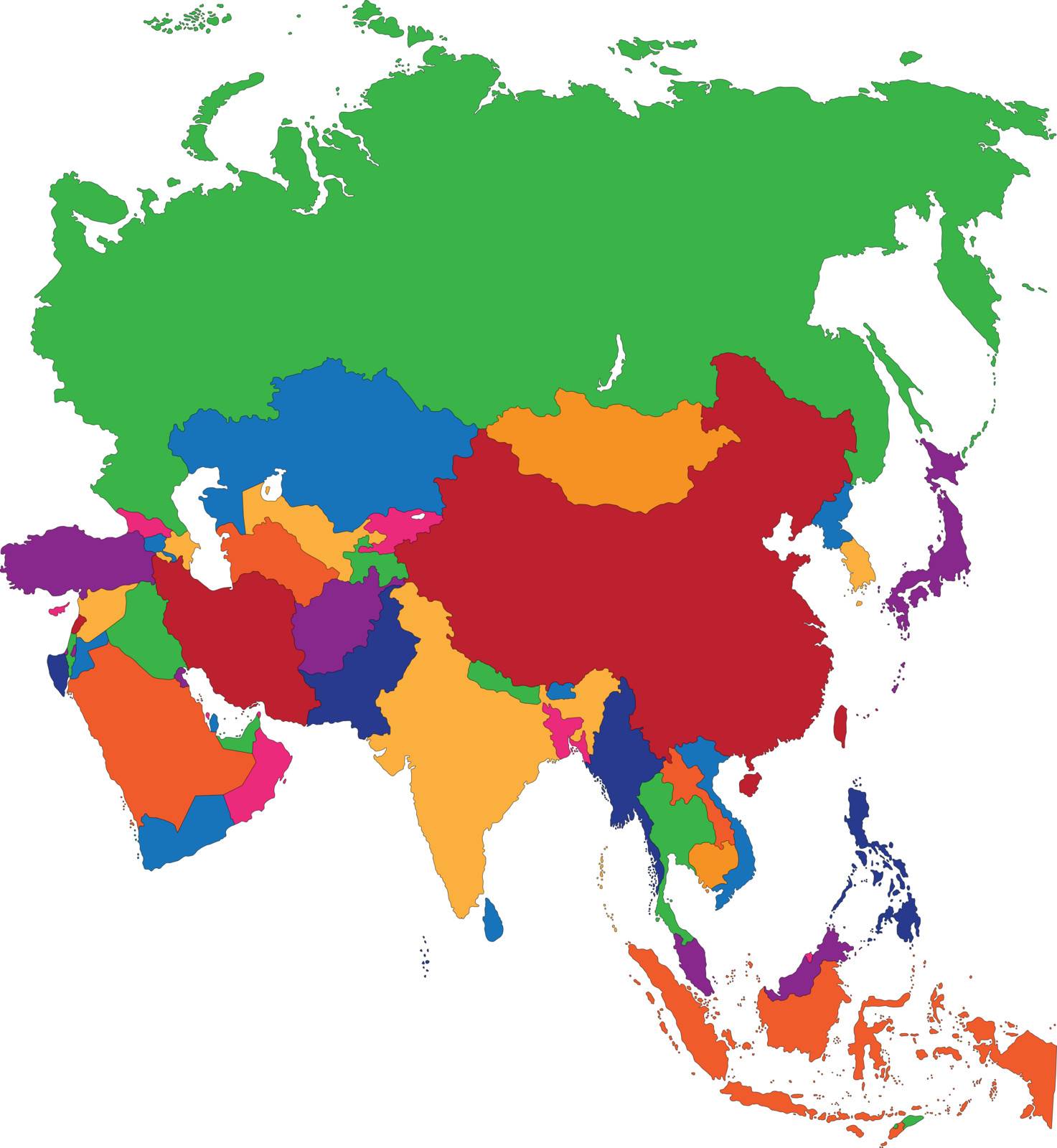 Colorful Asia map with countries and capital cities