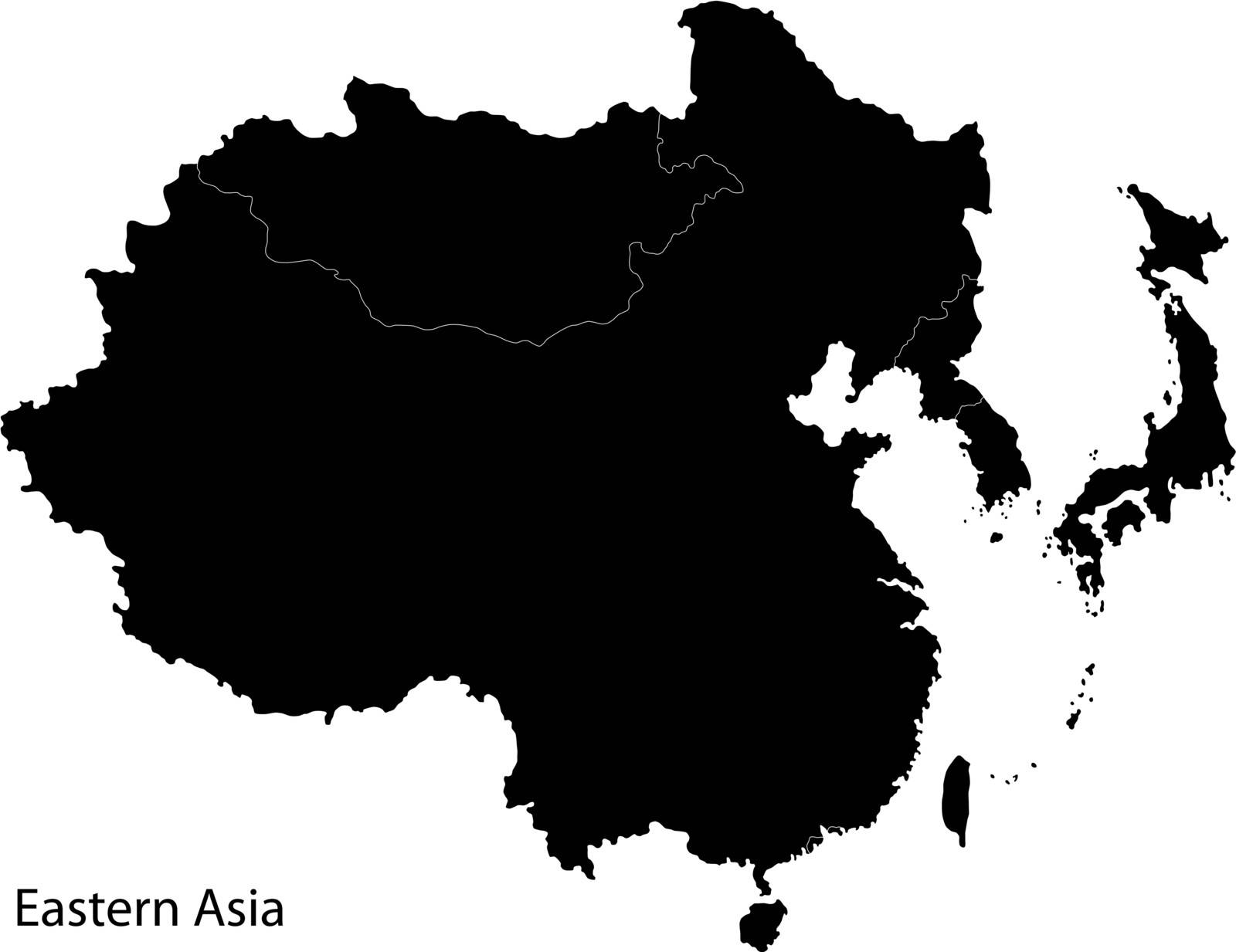 Black map of Eastern Asia divided by the countries