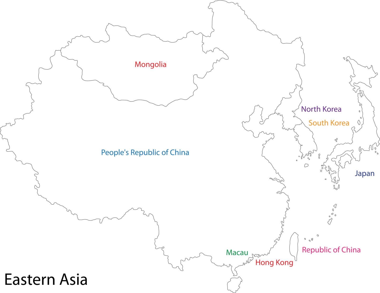 Outline map of Eastern Asia divided by the countries