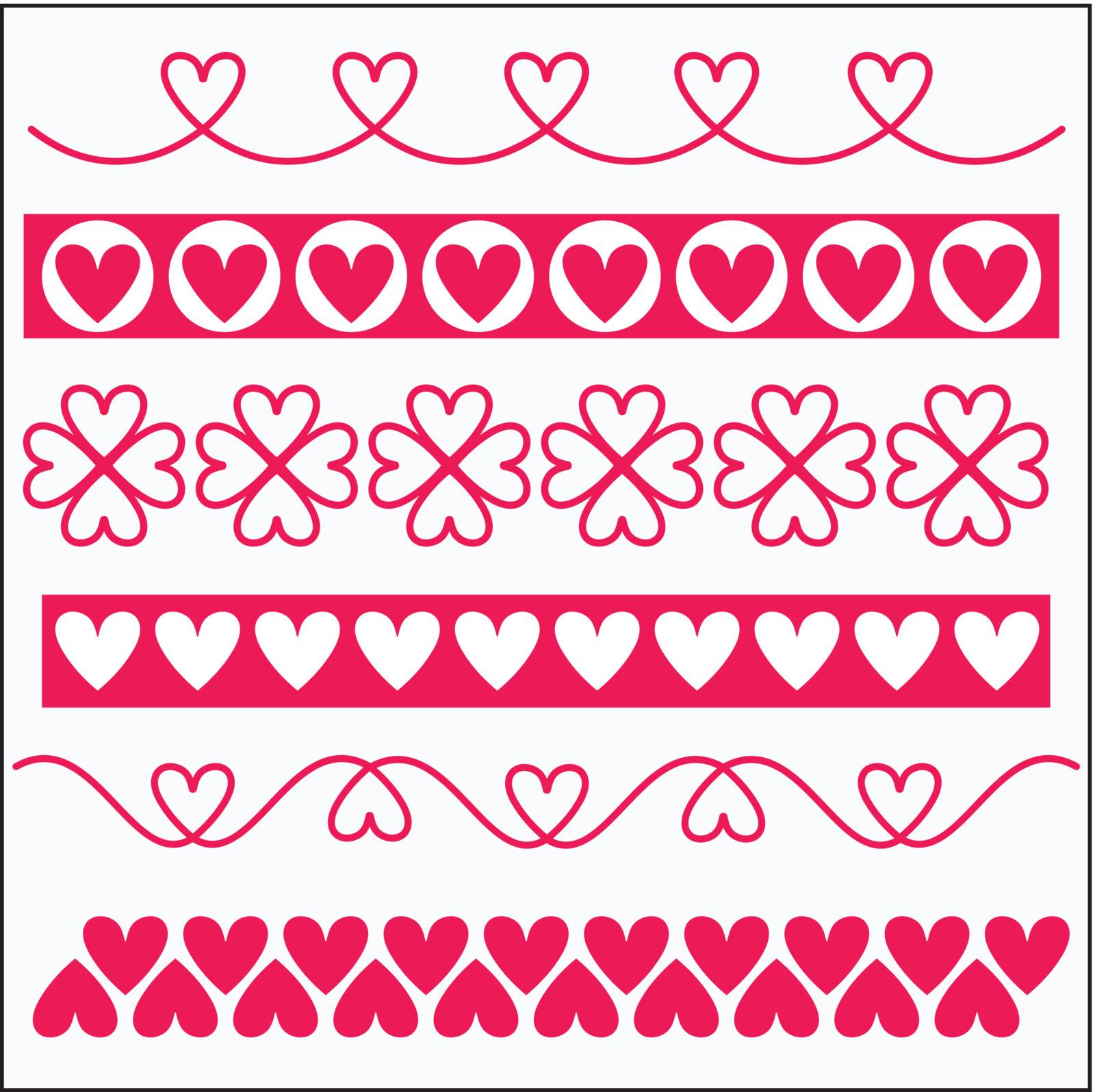 six red and white ornaments with hearts