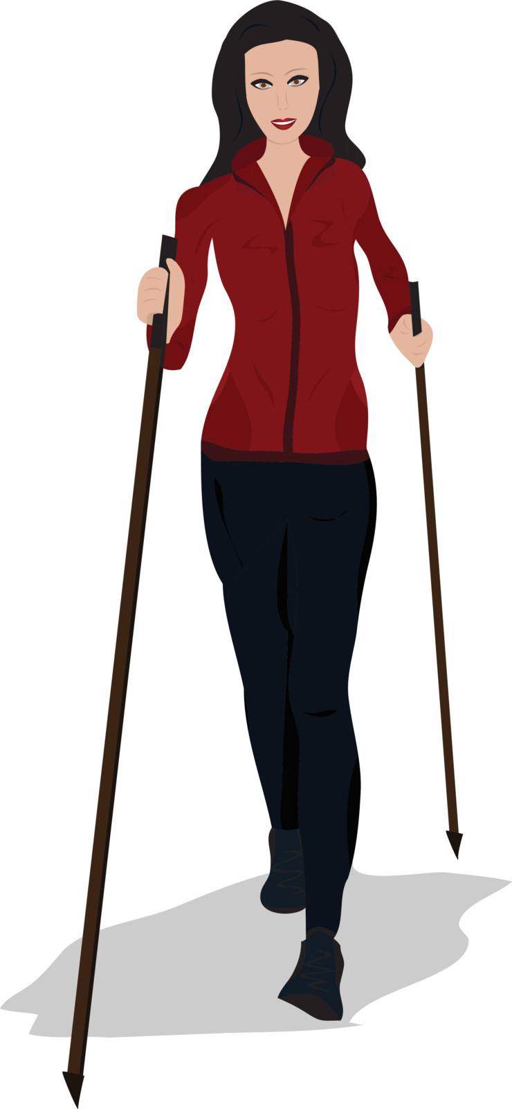 Vector illustration of a young woman practising nordic walking