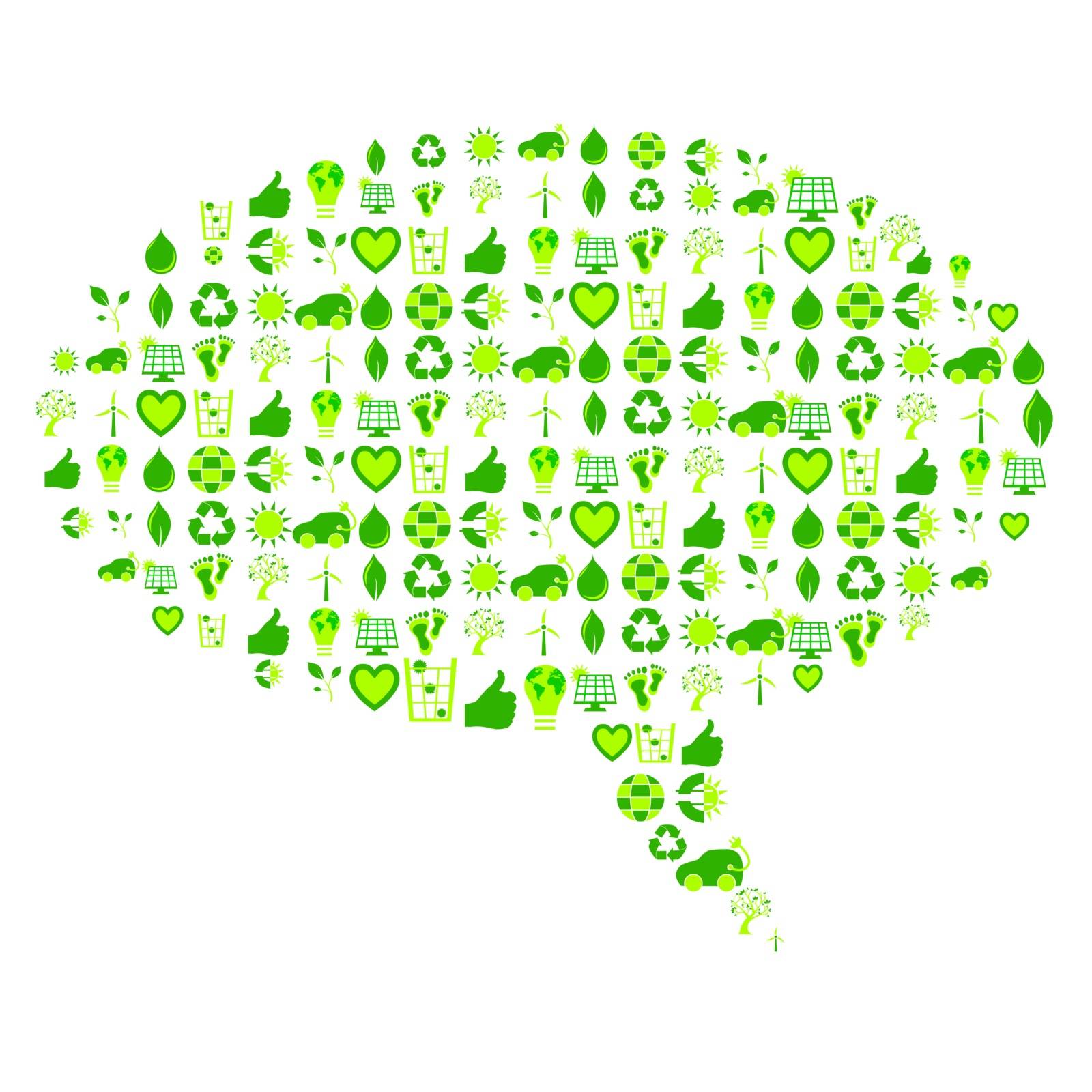 Speech bubble made of bio eco environmental related icons and symbols in four shades of green