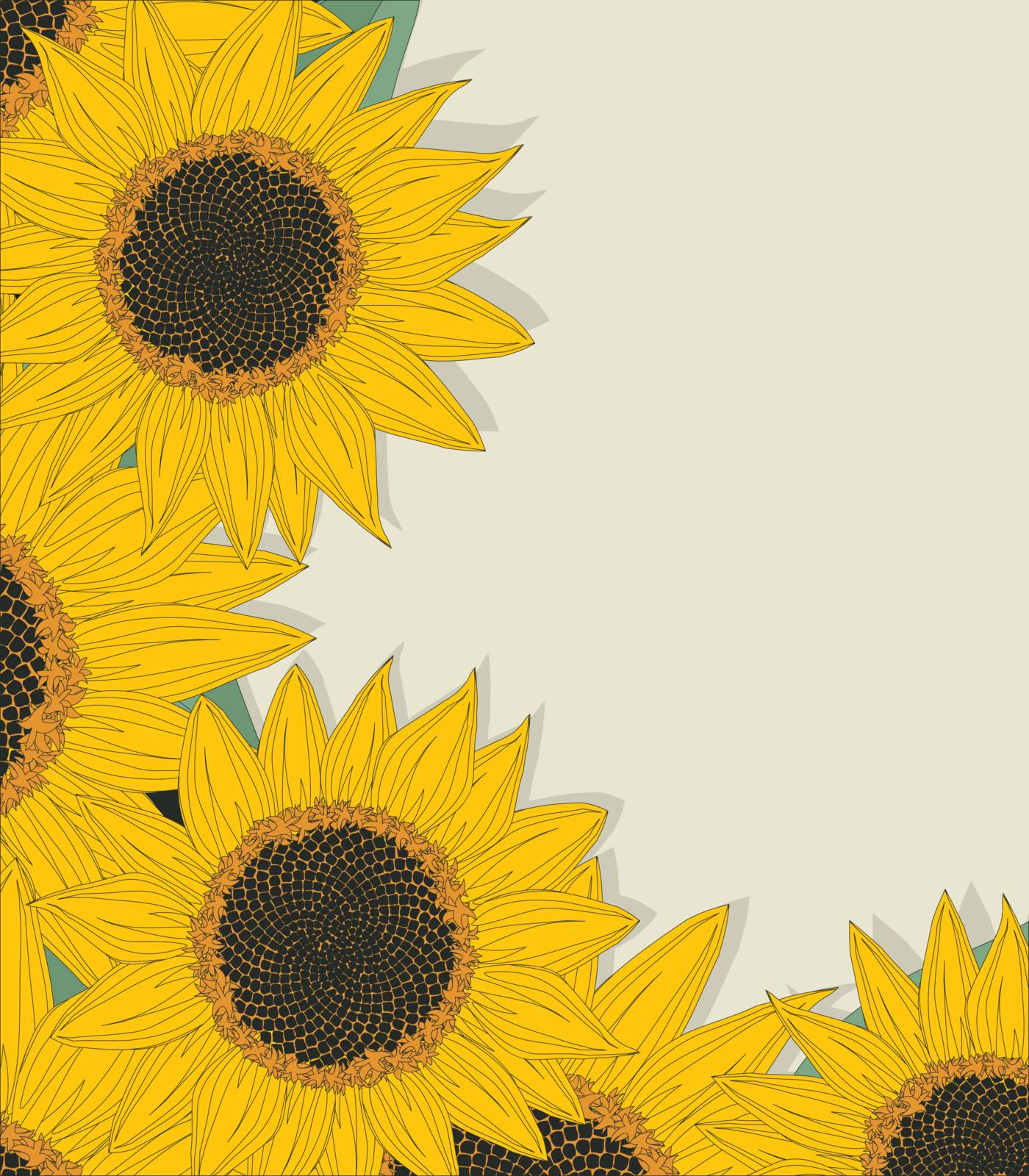 Sketchy sunflowers background, greeting card with copy space