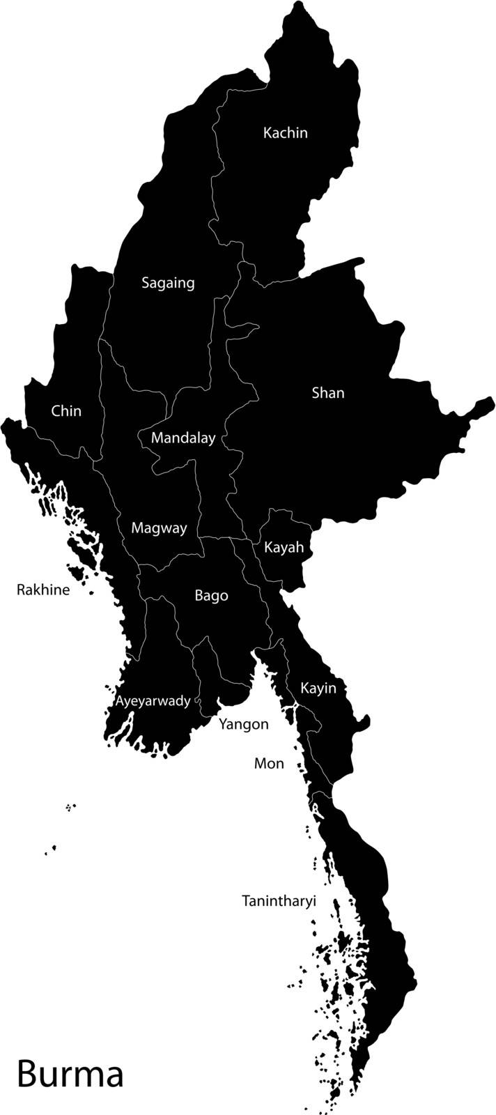 Black Union of Myanmar (Burma) map separated on the provinces