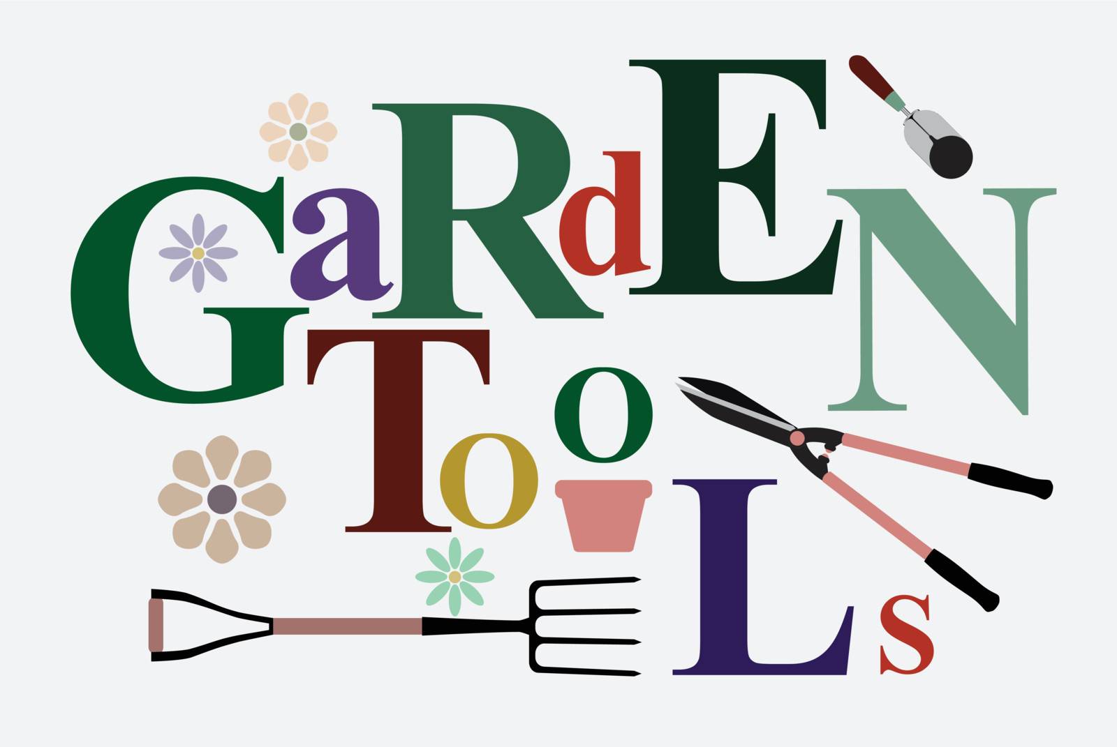 Text Garden Tools in creativity with pitchforks, shovels and clippers. Vector illustration.