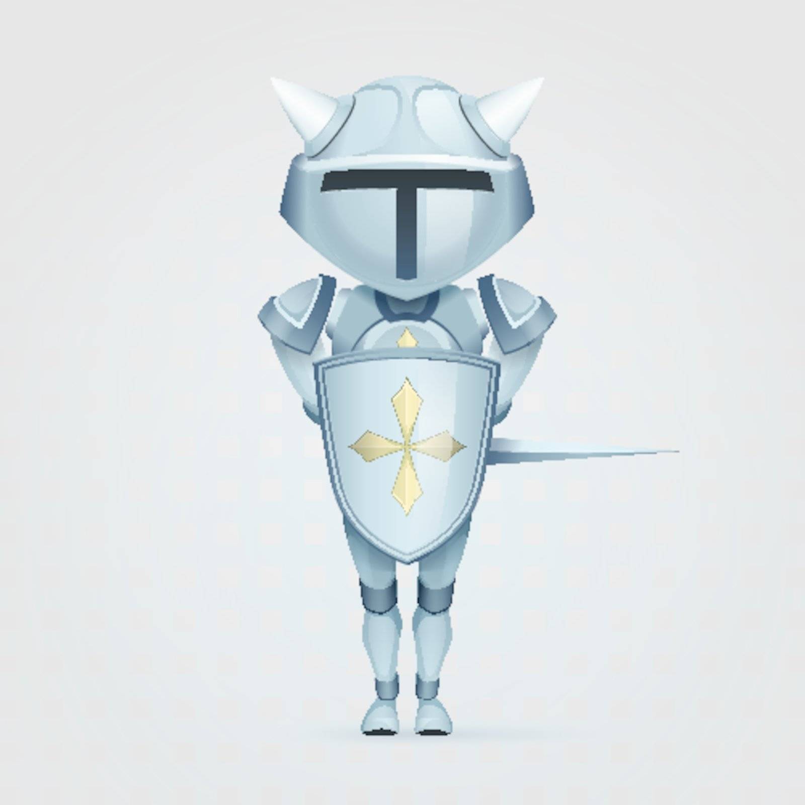 crusader knight with a big head is covered with a shield