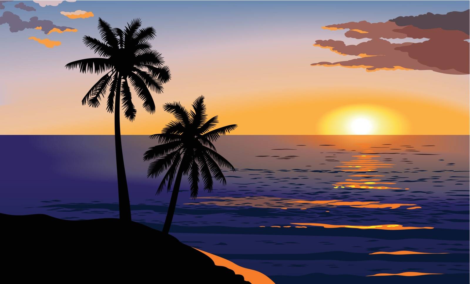 Tropical sunset at sea, palm trees and red clouds, vector illustration