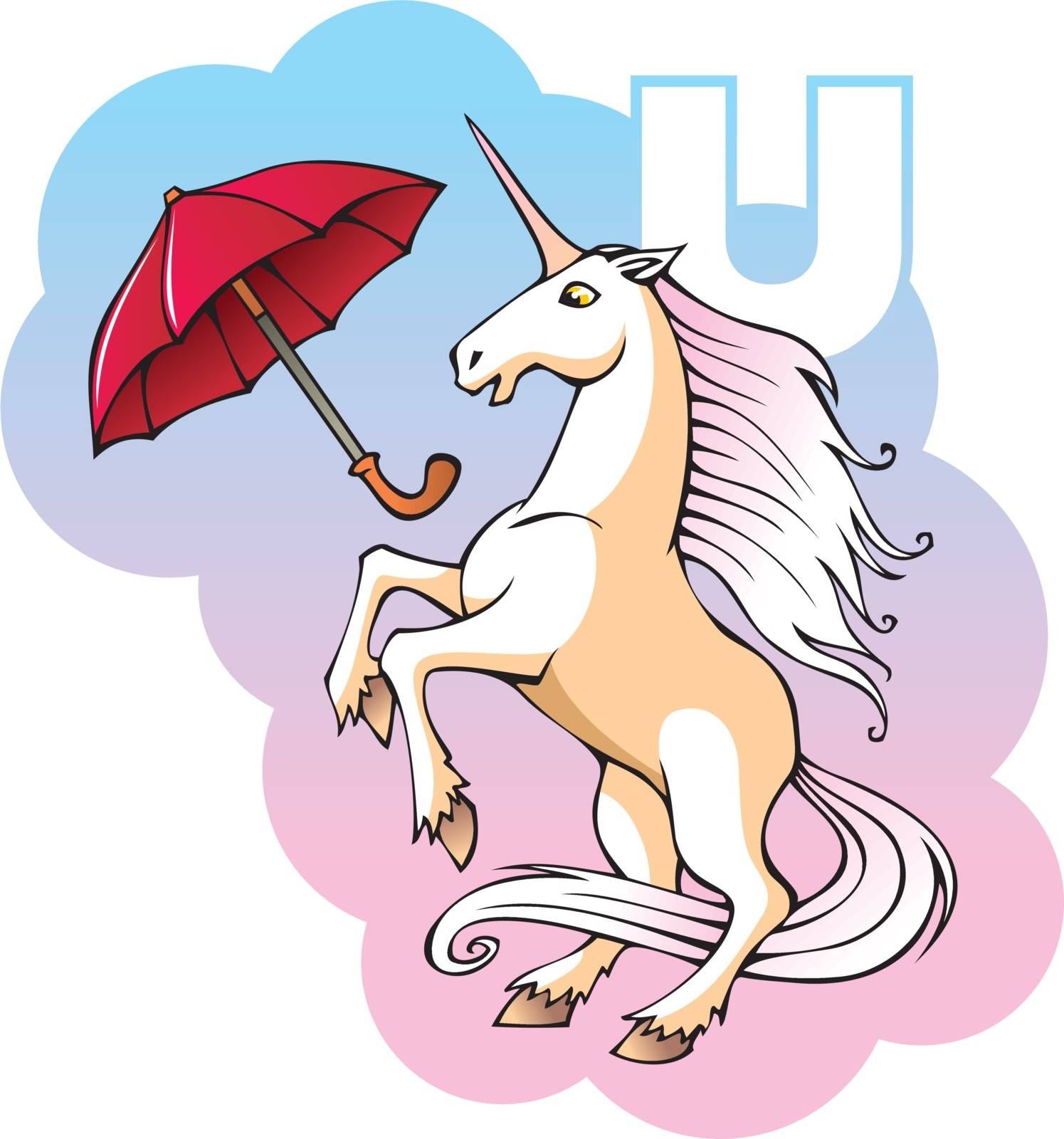 Series of Children alphabet: letter U, unicorn and umbrella, cartoon vector illustration