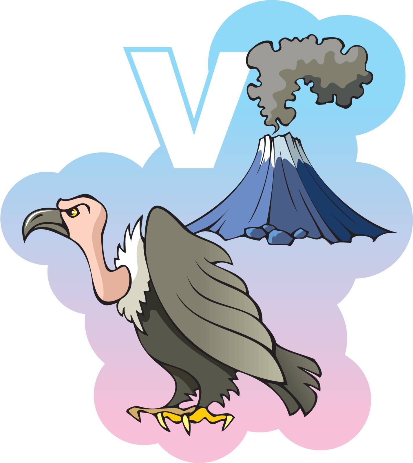 Series of Children alphabet: letter V, vulture and volcano, cartoon vector illustration