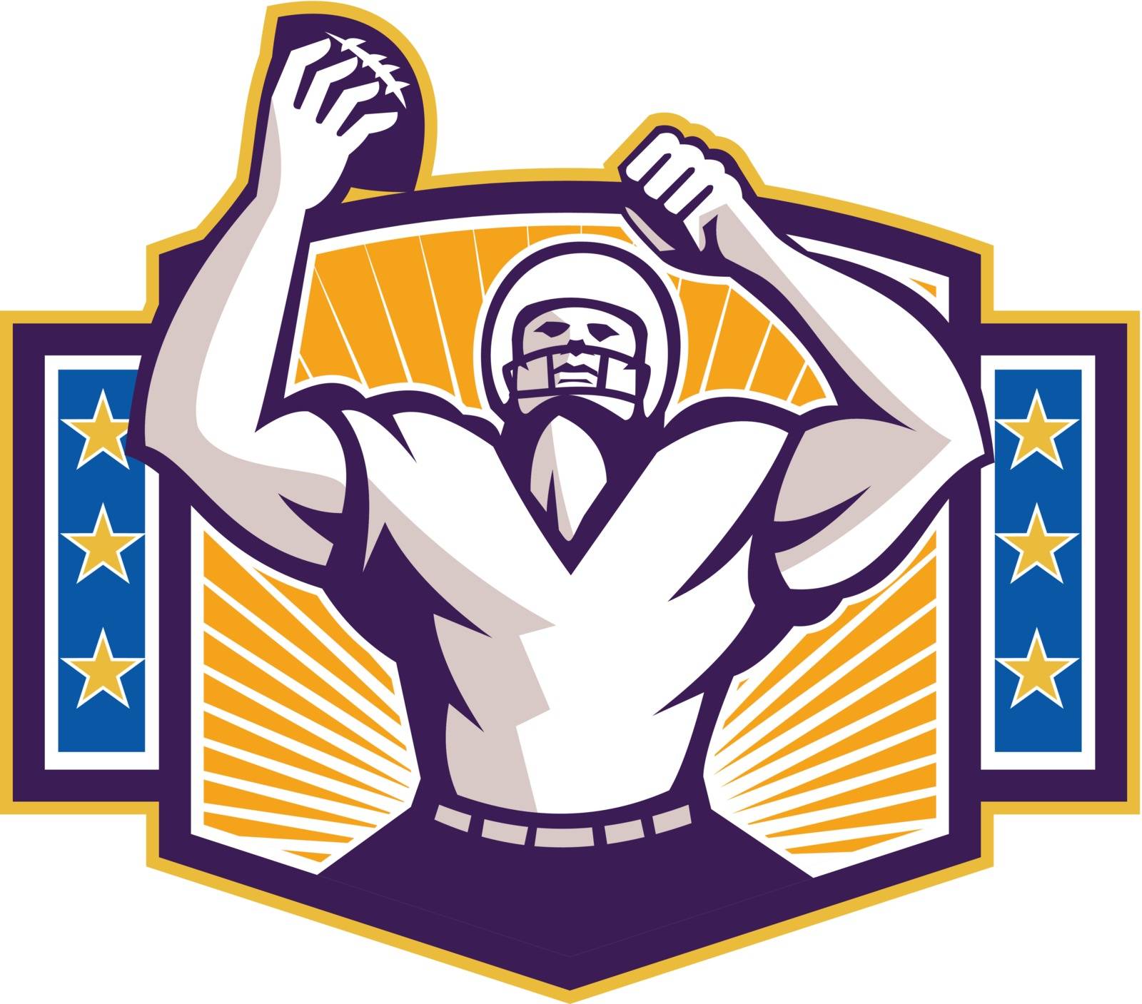 Illustration of an american football gridiron wide receiver running back player celebrating a touchdown facing front set inside shield crest with stars and sunburst done in retro style on isolated background.